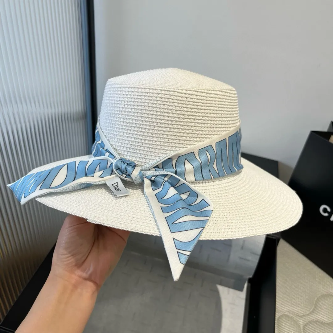 💰130¥ Dior Winter Olympics 2025 summer style flat top hat, straw hat, small top hat, with silk ribbon, absolute size, head circumference 57cm