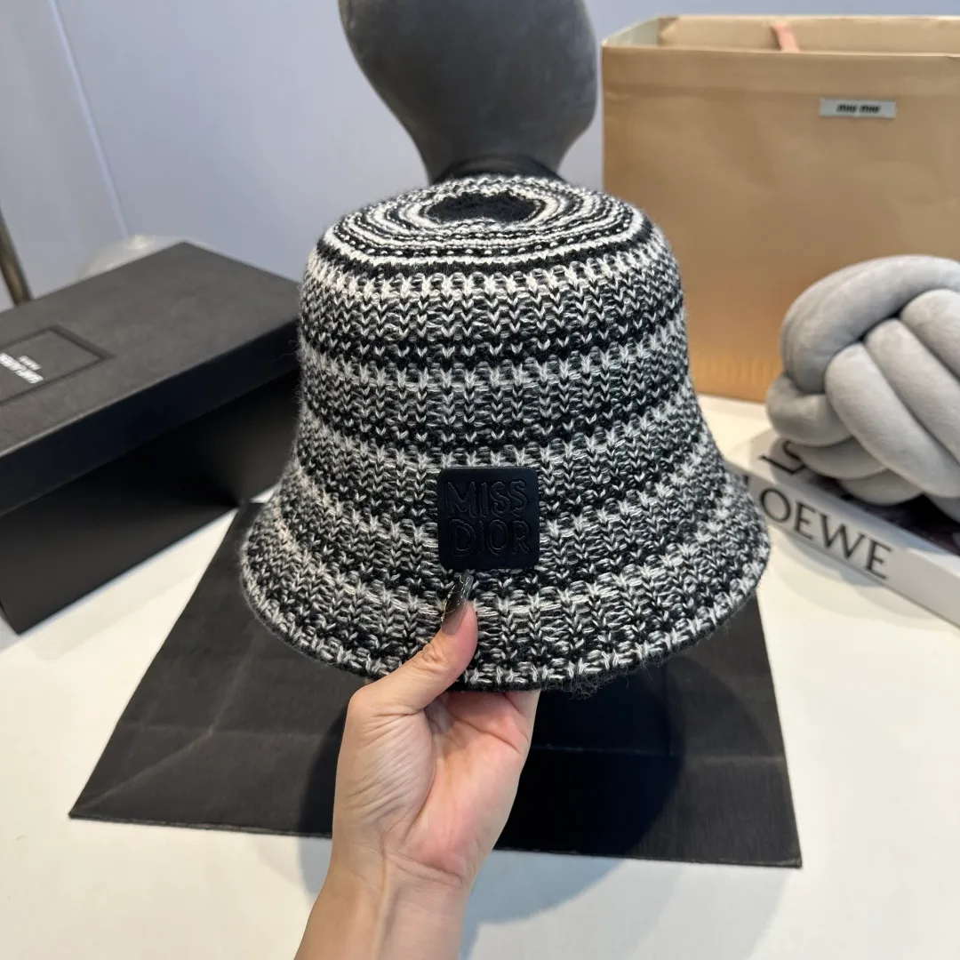 P 60 Dior striped fisherman hat for women 2025 new autumn woolen hat simple and versatile hat big head circumference showing face small basin hat