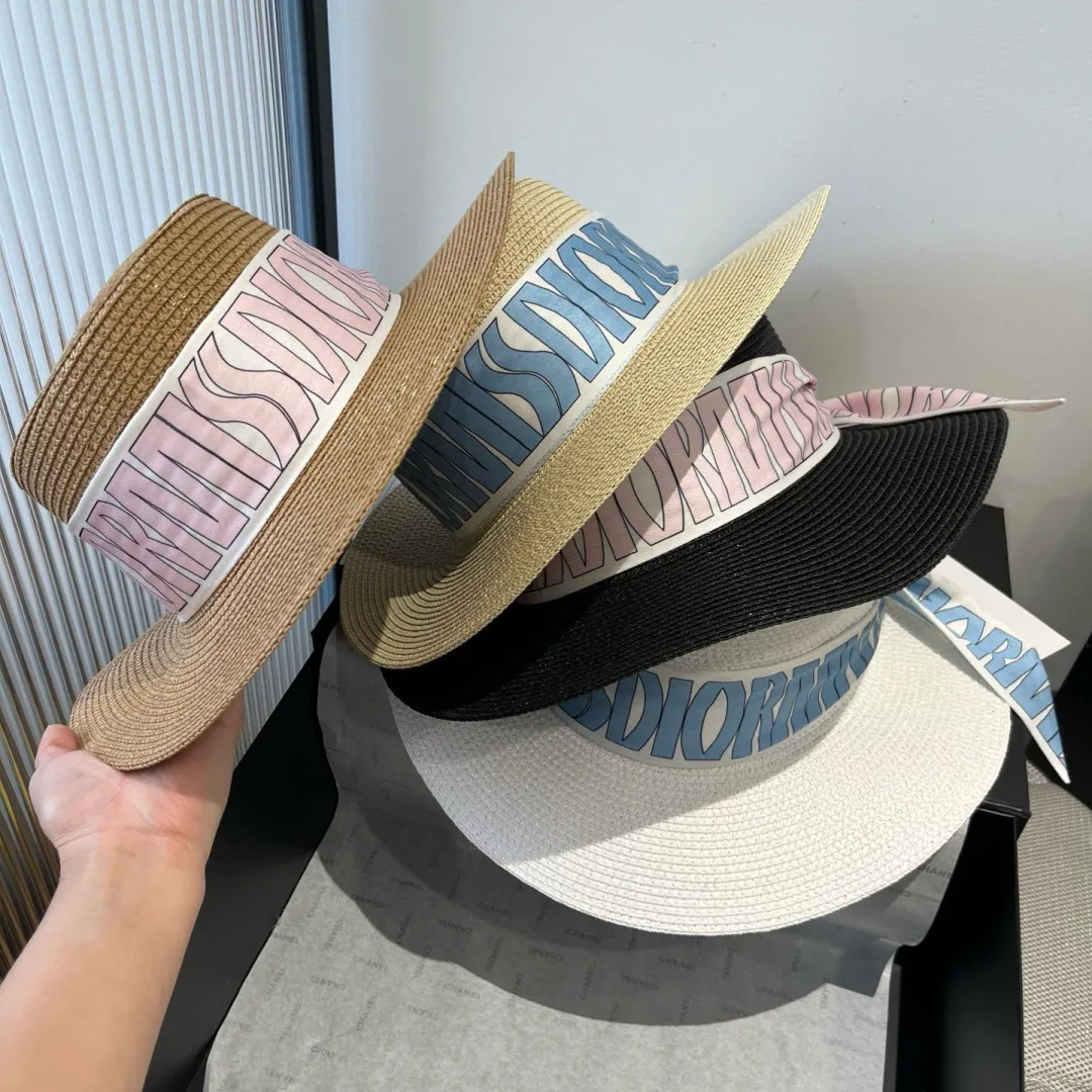 💰130¥ Dior Winter Olympics 2025 summer style flat top hat, straw hat, small top hat, with silk ribbon, absolute size, head circumference 57cm