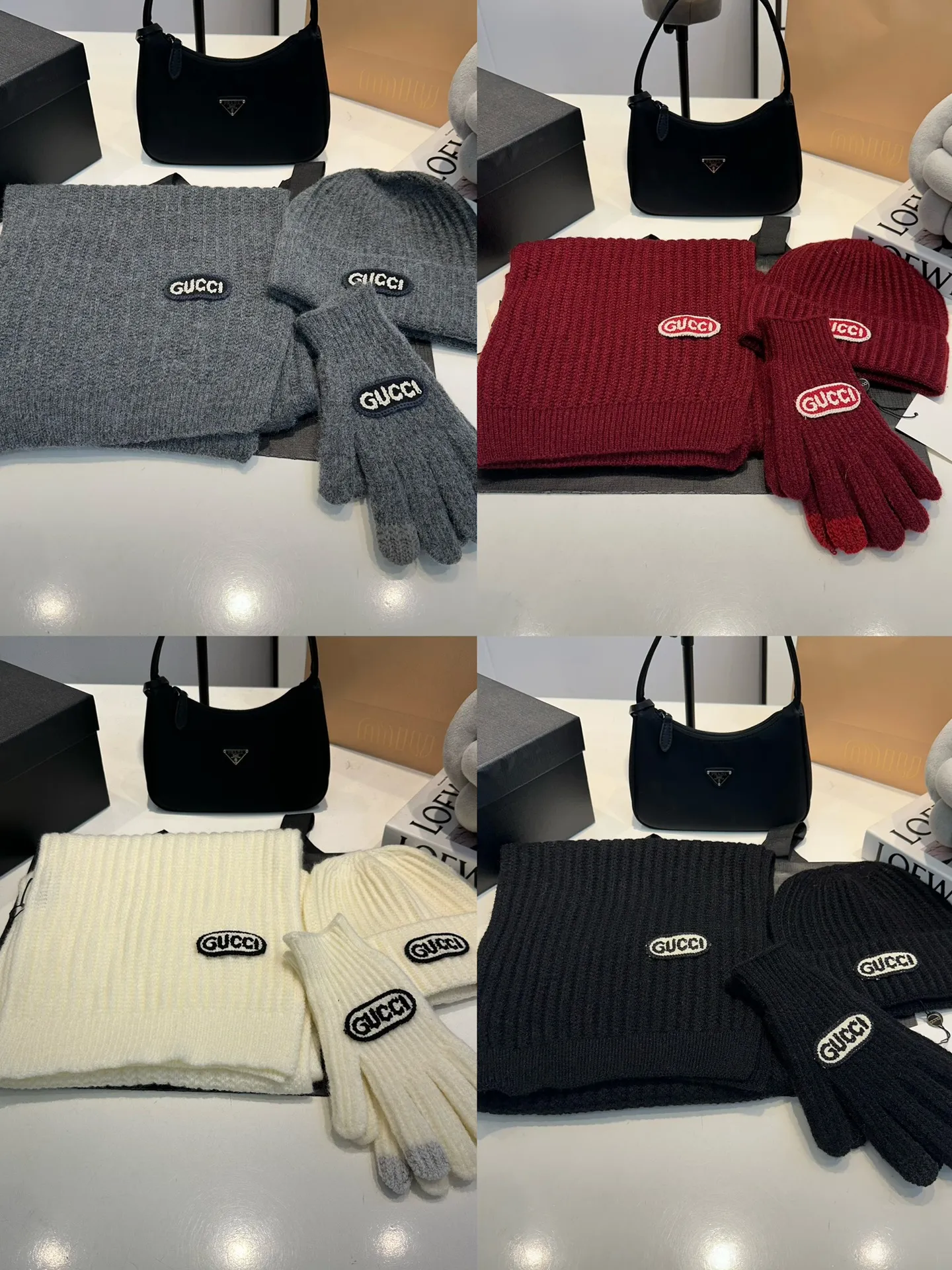 P180 Gucci three-piece set👏rabbit wool + cashmere knitted scarf and hat set, warm and fashionable, comfortable and soft texture, versatile style💑unisex, couple style