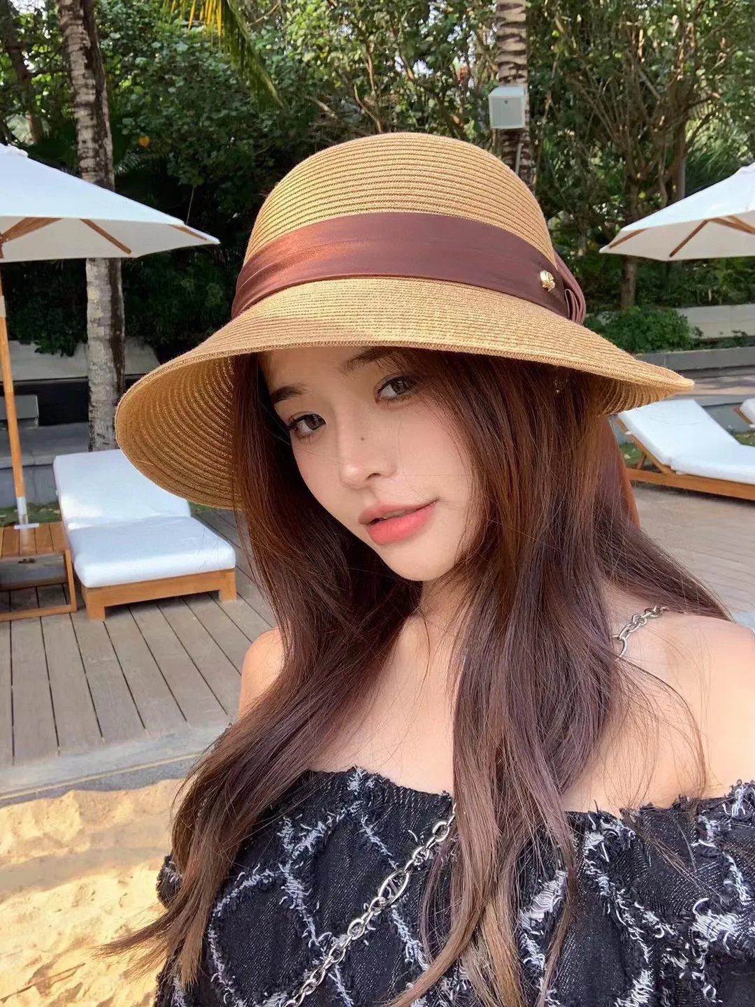 💰140¥ Gucci straw hat, ladylike sun hat, satin bow ribbon, head circumference 57cm