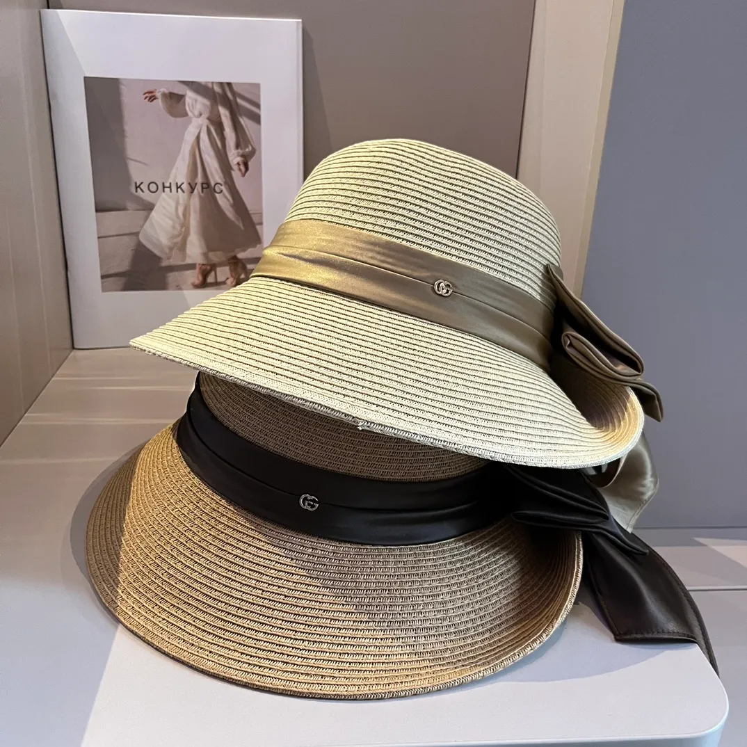 💰140¥ Gucci straw hat, ladylike sun hat, satin bow ribbon, head circumference 57cm