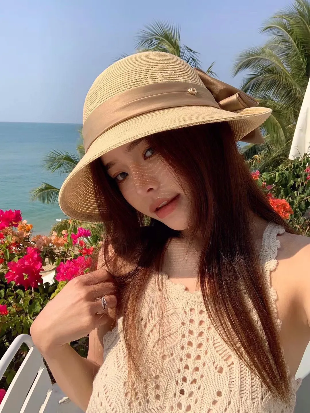 💰140¥ Gucci straw hat, ladylike sun hat, satin bow ribbon, head circumference 57cm