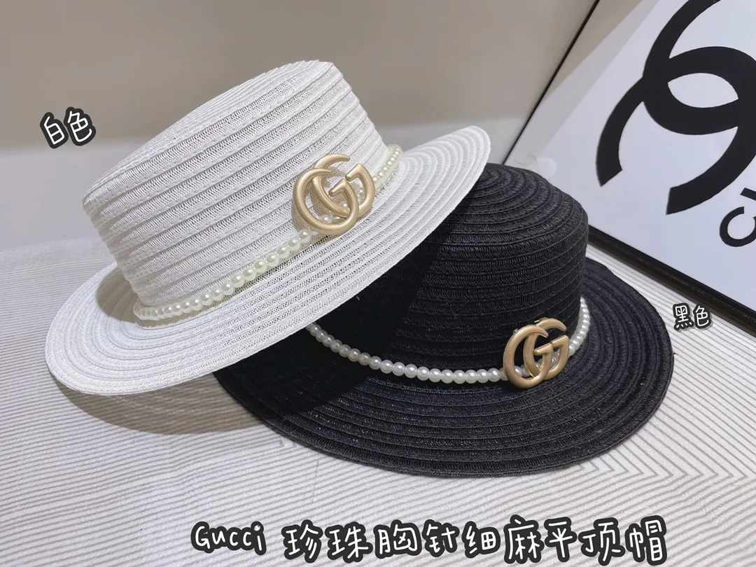 Gucci pearl brooch linen flat hat
