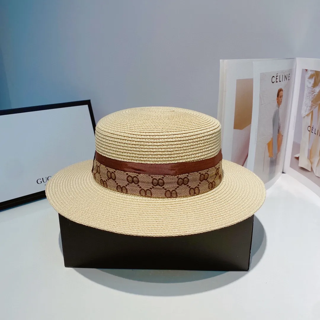 p80 Gucci 2022 new summer straw hat, flat top hat, with presbyopia paper bag, high-end and elegant, head circumference 57cm, white, rice, coffee, three colors