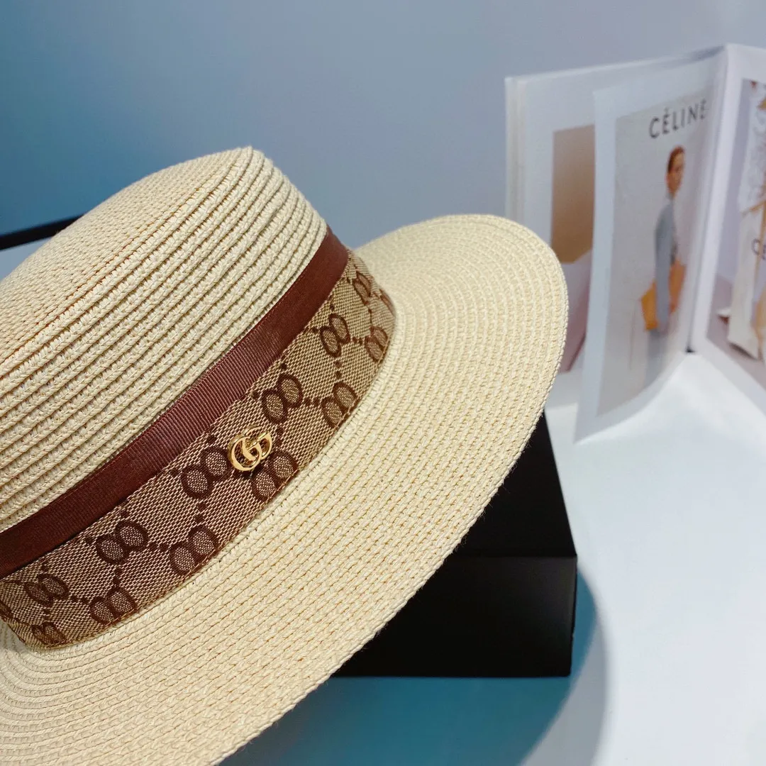 p80 Gucci 2022 new summer straw hat, flat top hat, with presbyopia paper bag, high-end and elegant, head circumference 57cm, white, rice, coffee, three colors