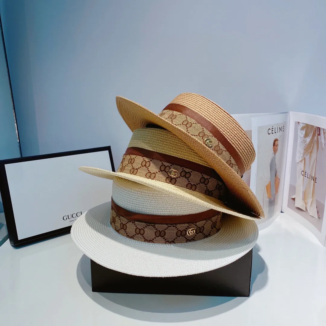 p80 Gucci 2022 new summer straw hat, flat top hat, with presbyopia paper bag, high-end and elegant, head circumference 57cm, white, rice, coffee, three colors