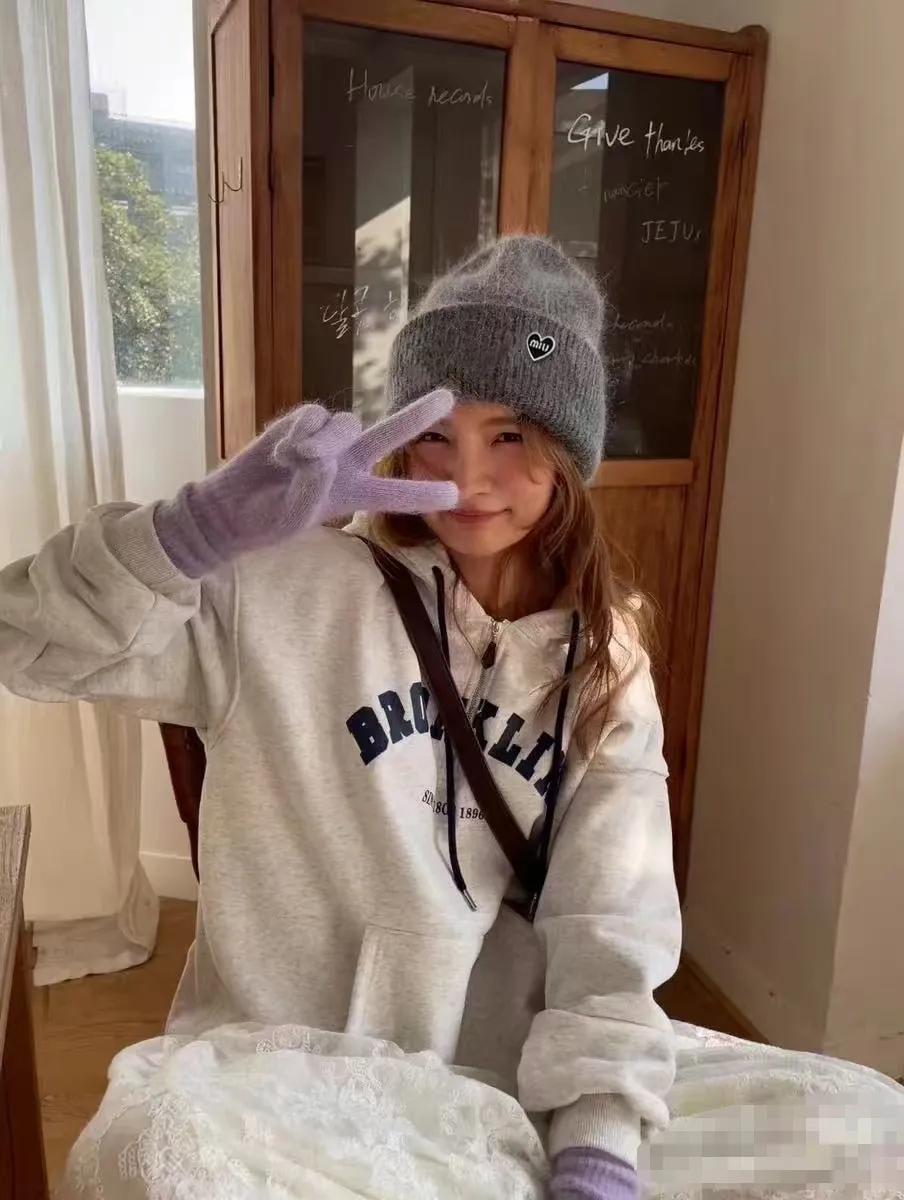 Early autumn peach heart miumiu rabbit fur beanie