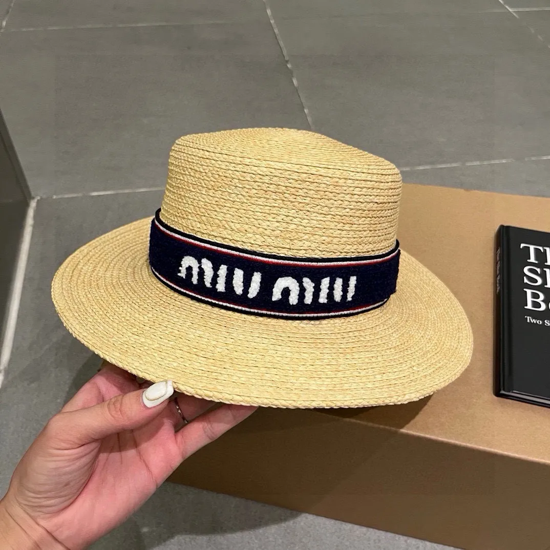💰160¥ miumiu new straw hat, 23 new flat top hat, raffia straw hat, one to one customized version, head circumference about 57cm