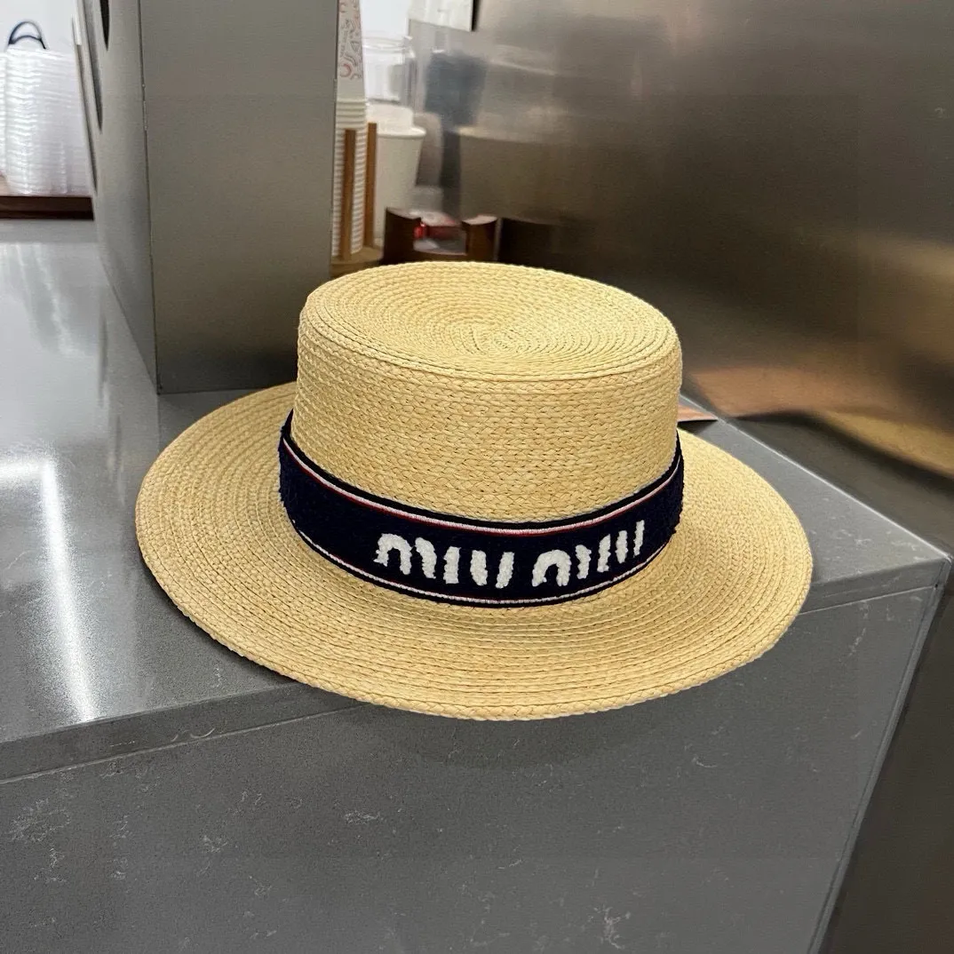 💰160¥ miumiu new straw hat, 23 new flat top hat, raffia straw hat, one to one customized version, head circumference about 57cm