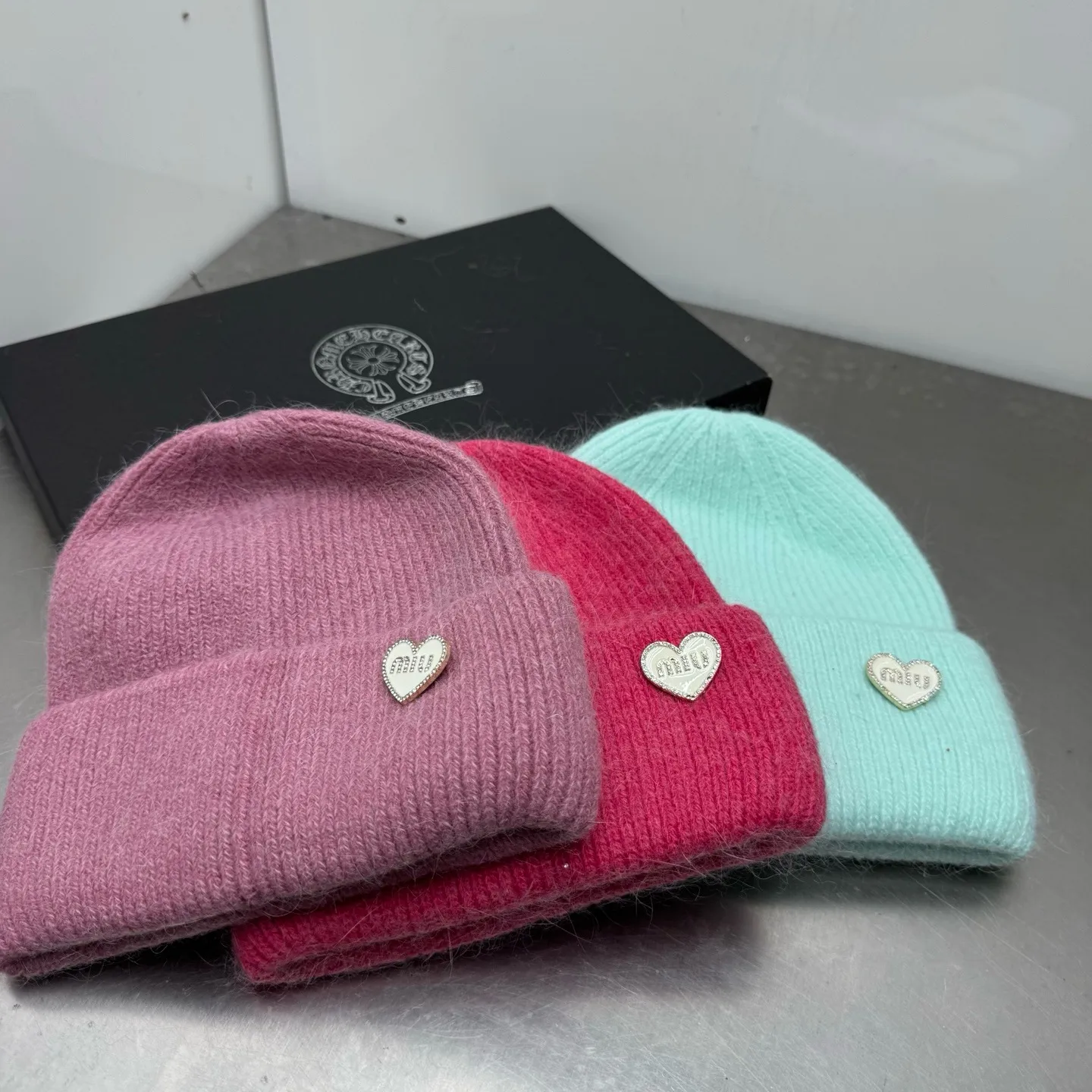 Early autumn peach heart miumiu rabbit fur beanie