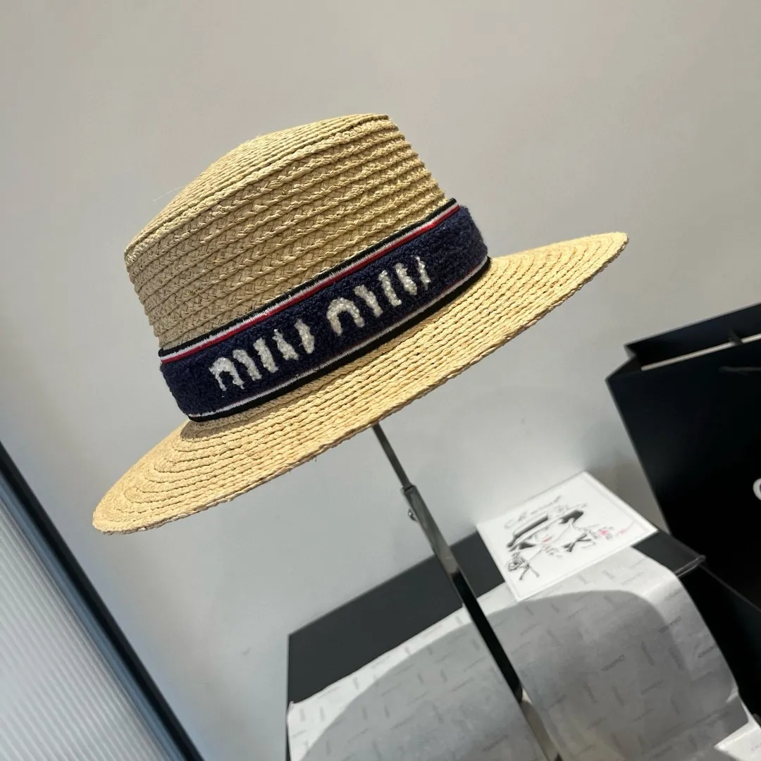 💰220¥ miumiu new straw hat, 23 new flat top hat, raffia straw hat, one to one customized version, head circumference about 57cm