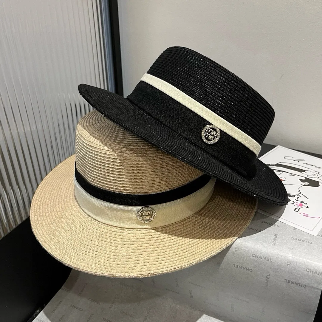 💰160¥ miumiu new flat top hat, PP straw material, head circumference 57cm