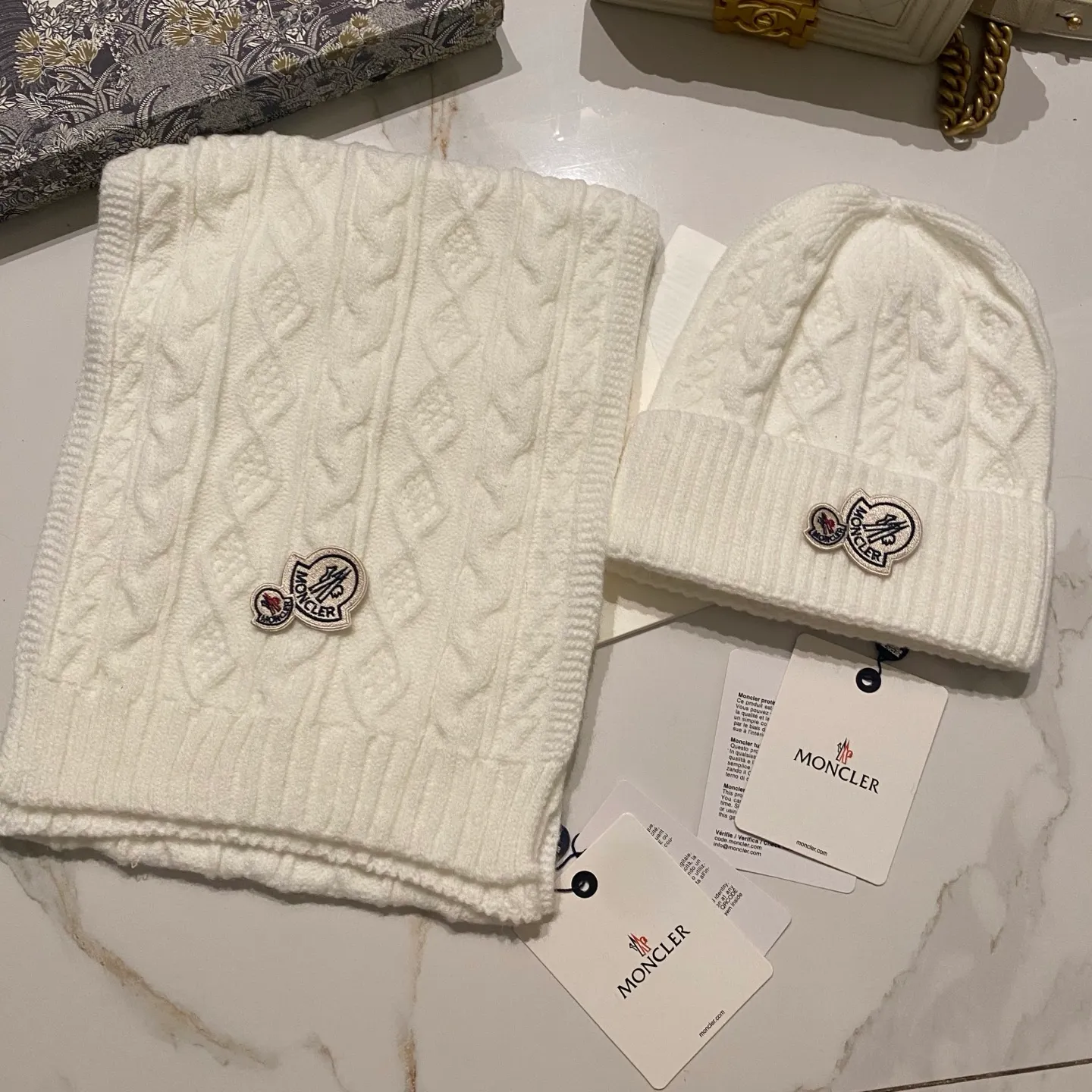 Moncler Mouth Covered Cashmere Suit Hat + Scarf