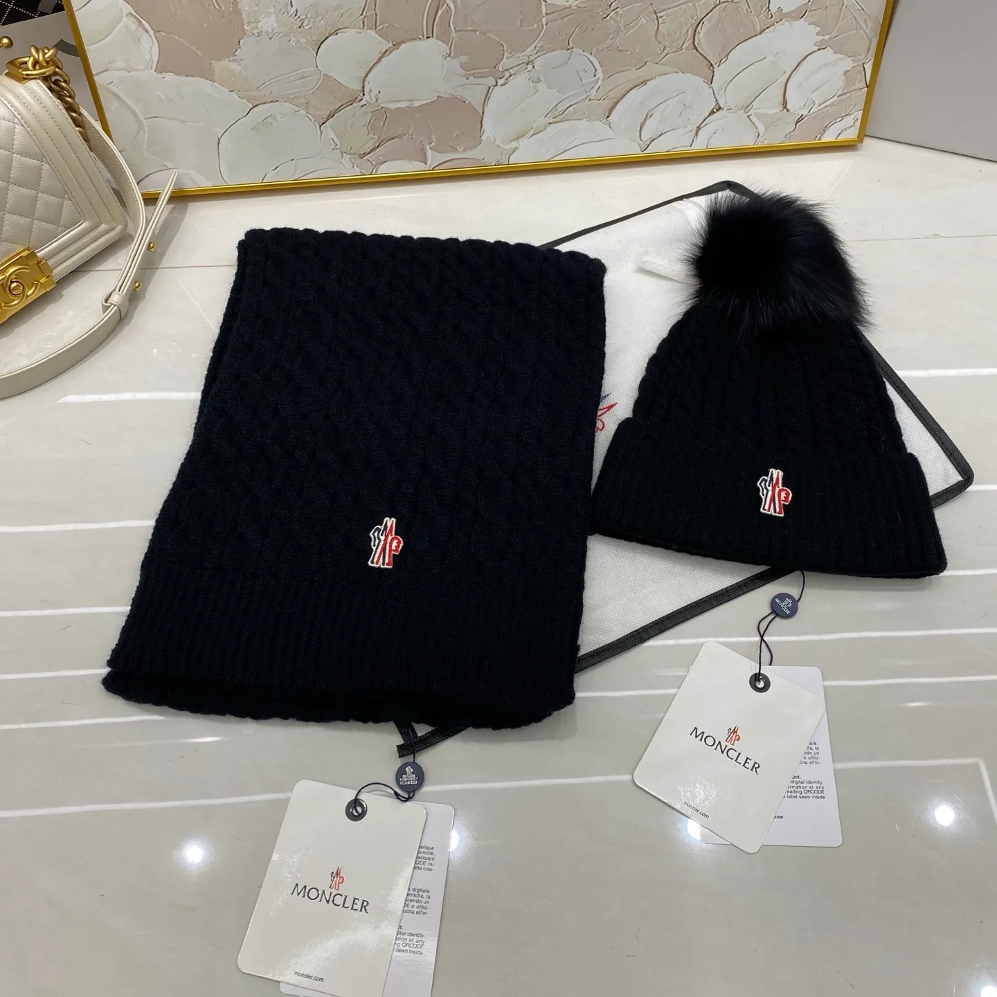 Moncler two-piece set cashmere knitted hat with fox fur ball + scarf🧣
