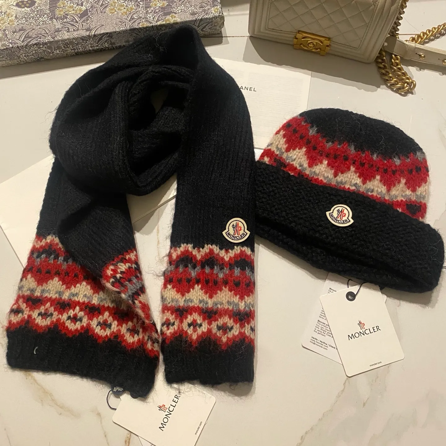 Fair Isle Moncler muzzle suit knitted hat + scarf