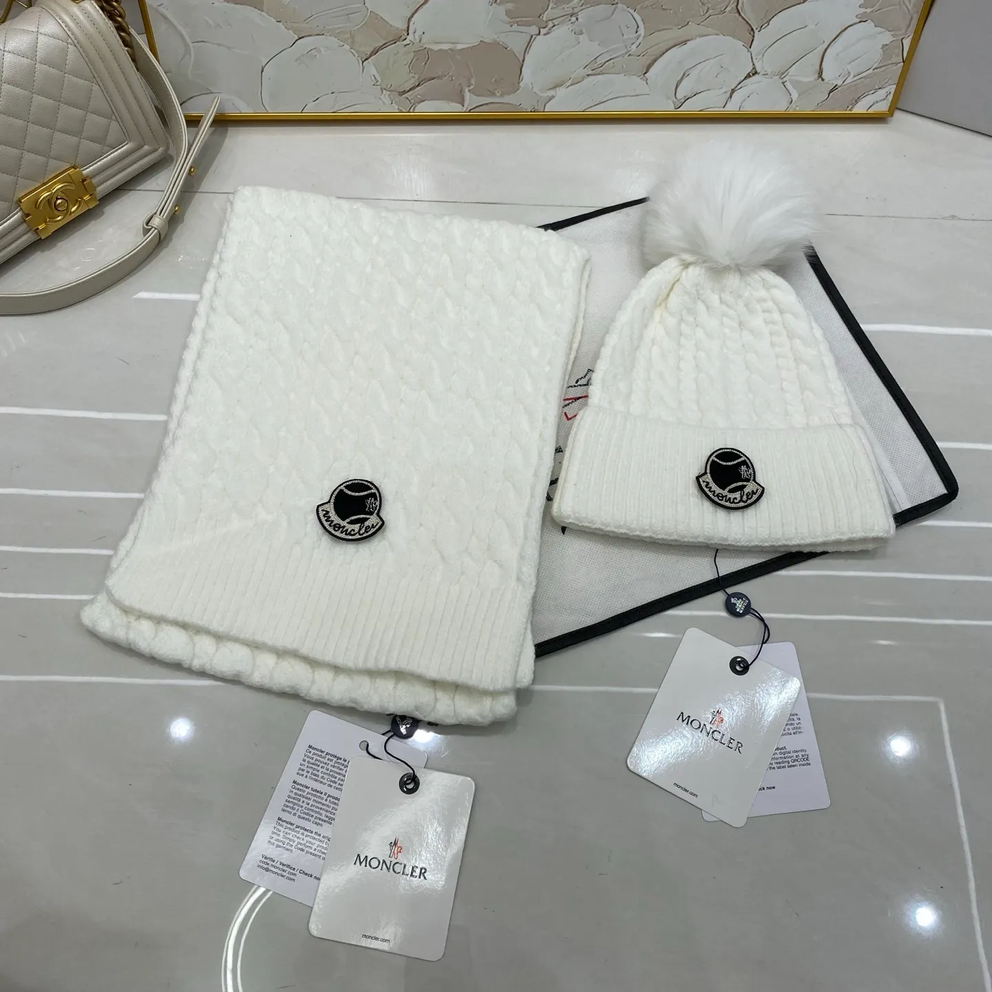 Moncler two-piece set cashmere knitted hat with fox fur ball + scarf🧣