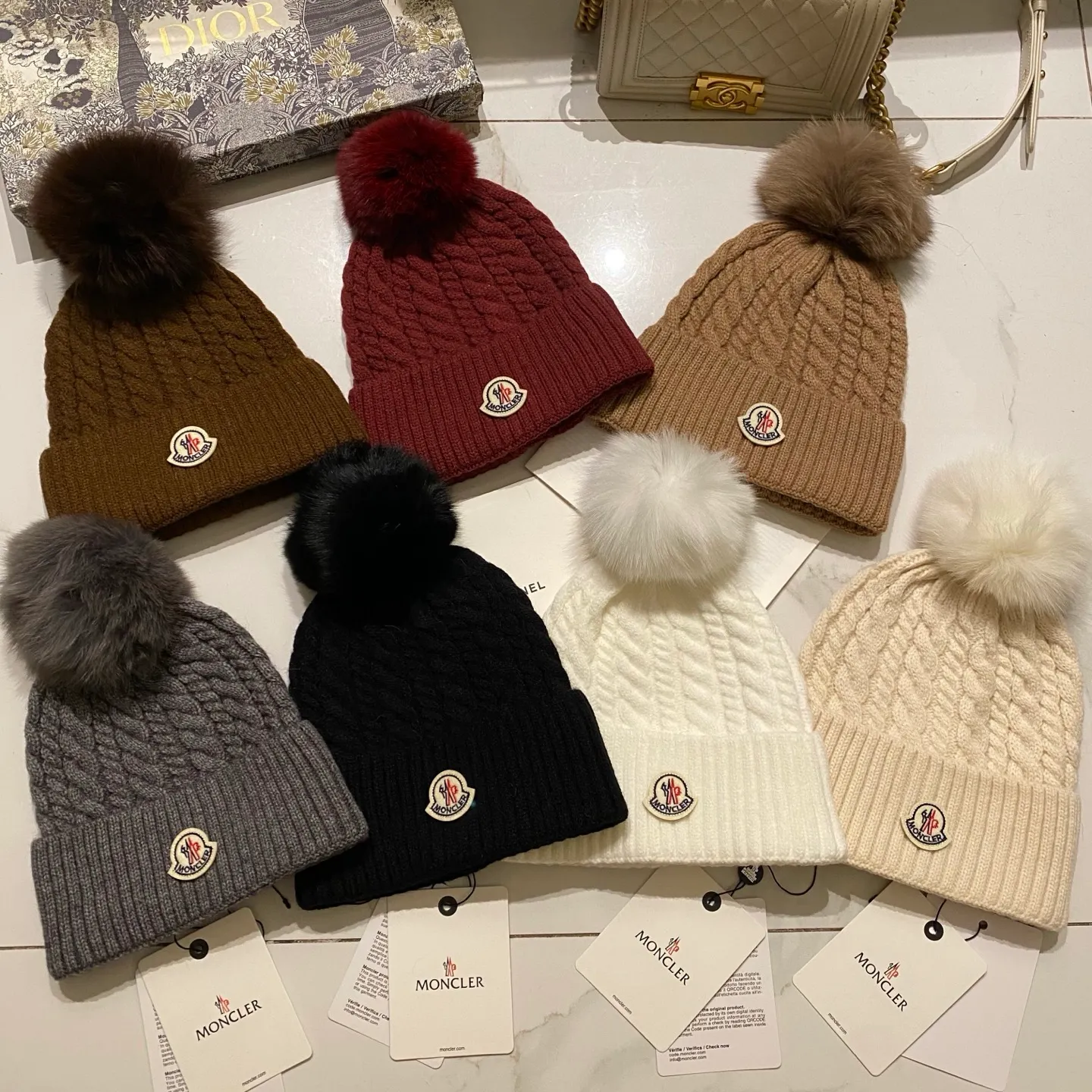 Moncler Mouth Covered Cashmere Twist Knitted Hat + Fox Fur Ball