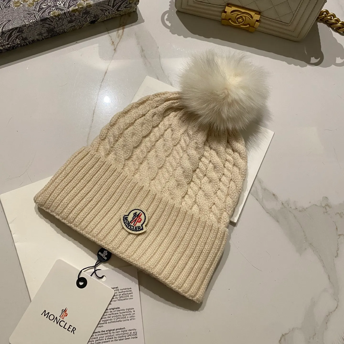 Moncler Mouth Covered Cashmere Twist Knitted Hat + Fox Fur Ball