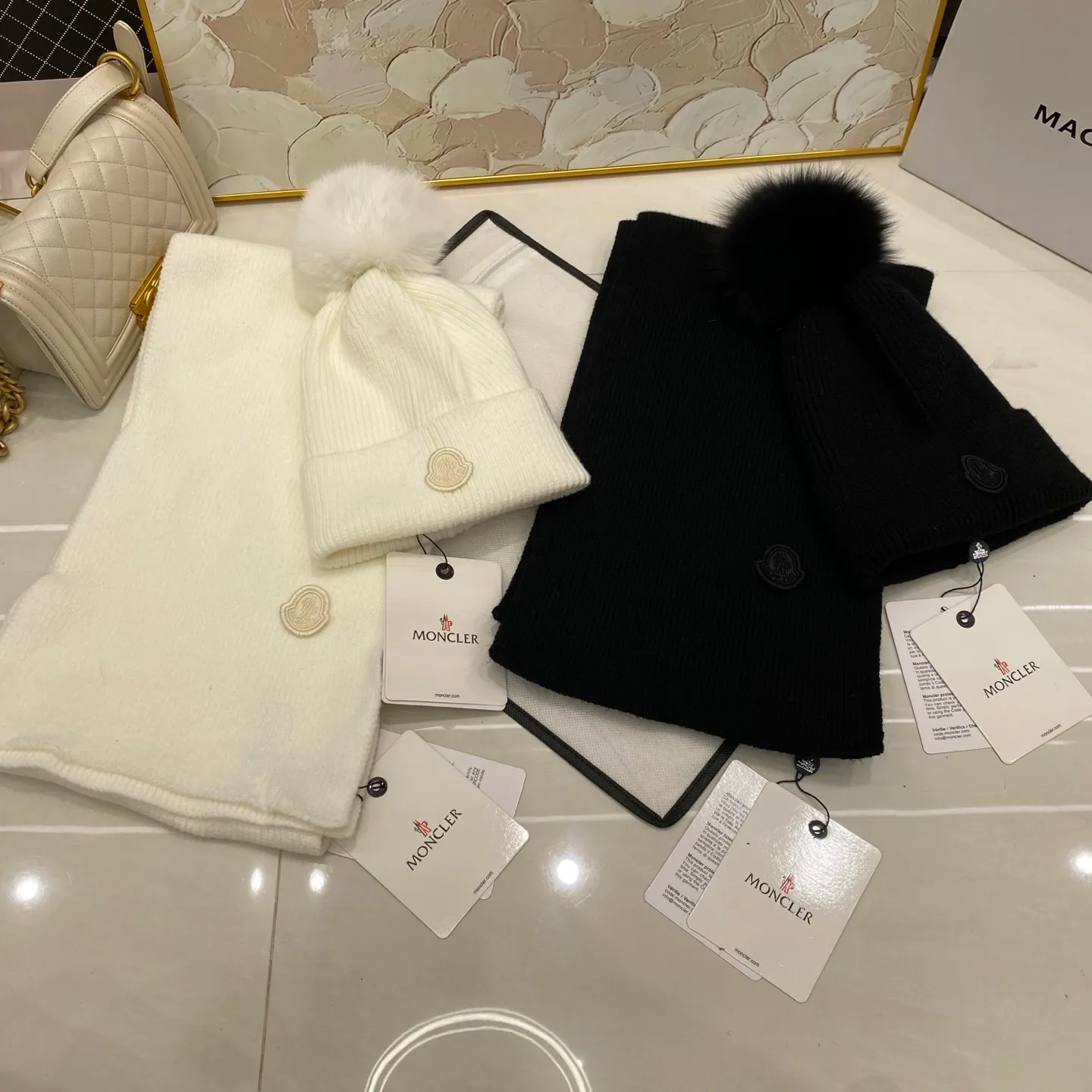 Moncler two-piece set cashmere knitted hat with fox fur ball + scarf🧣