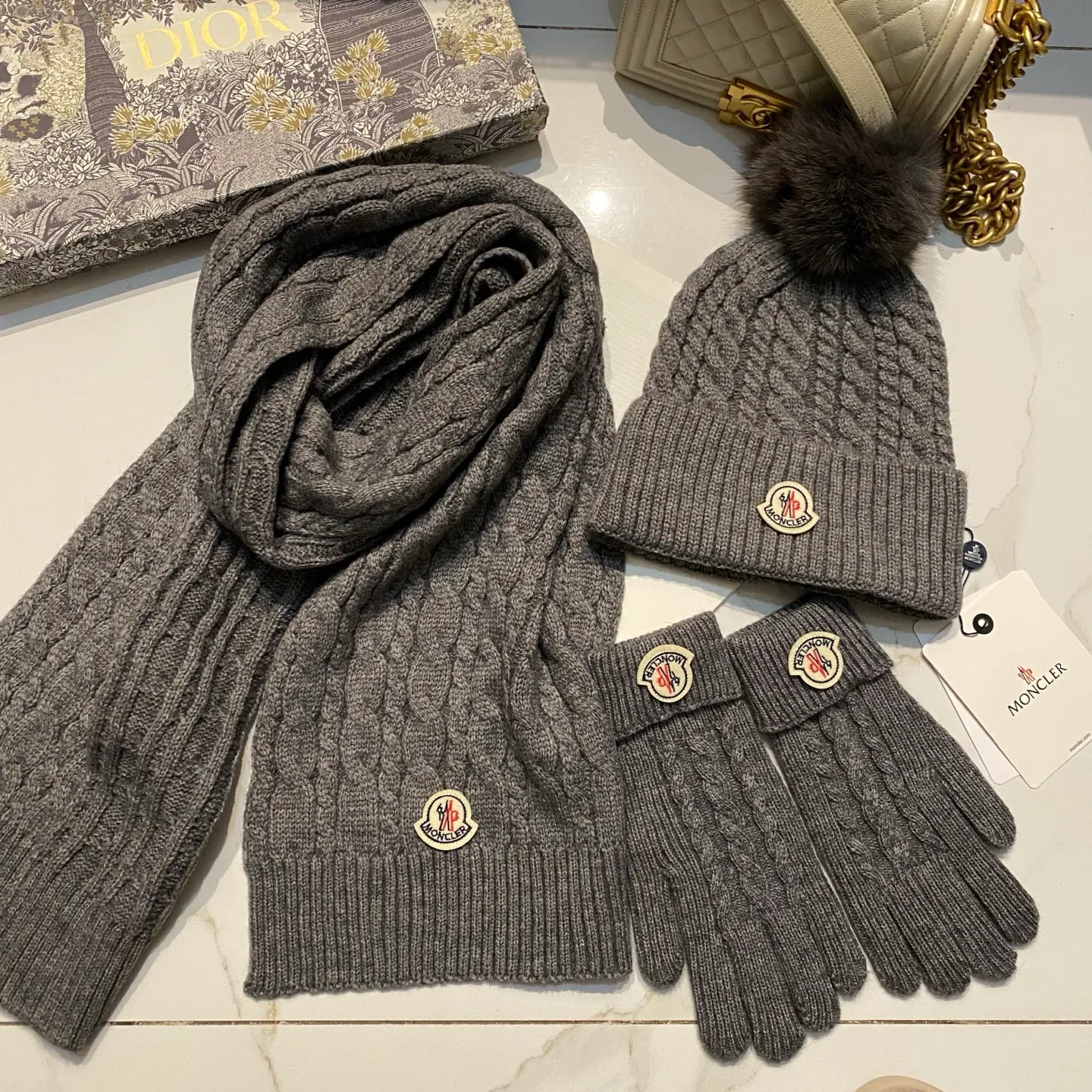 Moncler muzzle suit cashmere knitted hat + scarf + gloves