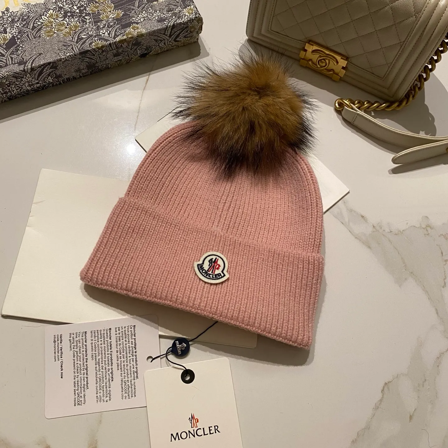 Moncler covered cashmere knitted hat + black fox fur ball/raccoon fur ball