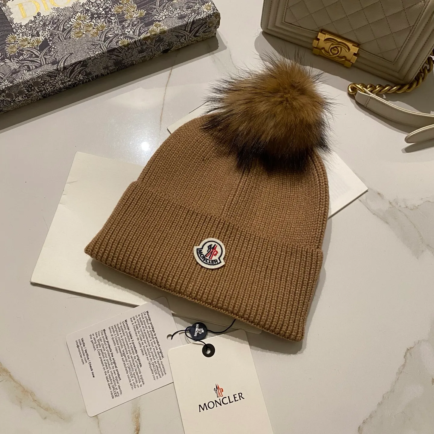Moncler covered cashmere knitted hat + black fox fur ball/raccoon fur ball