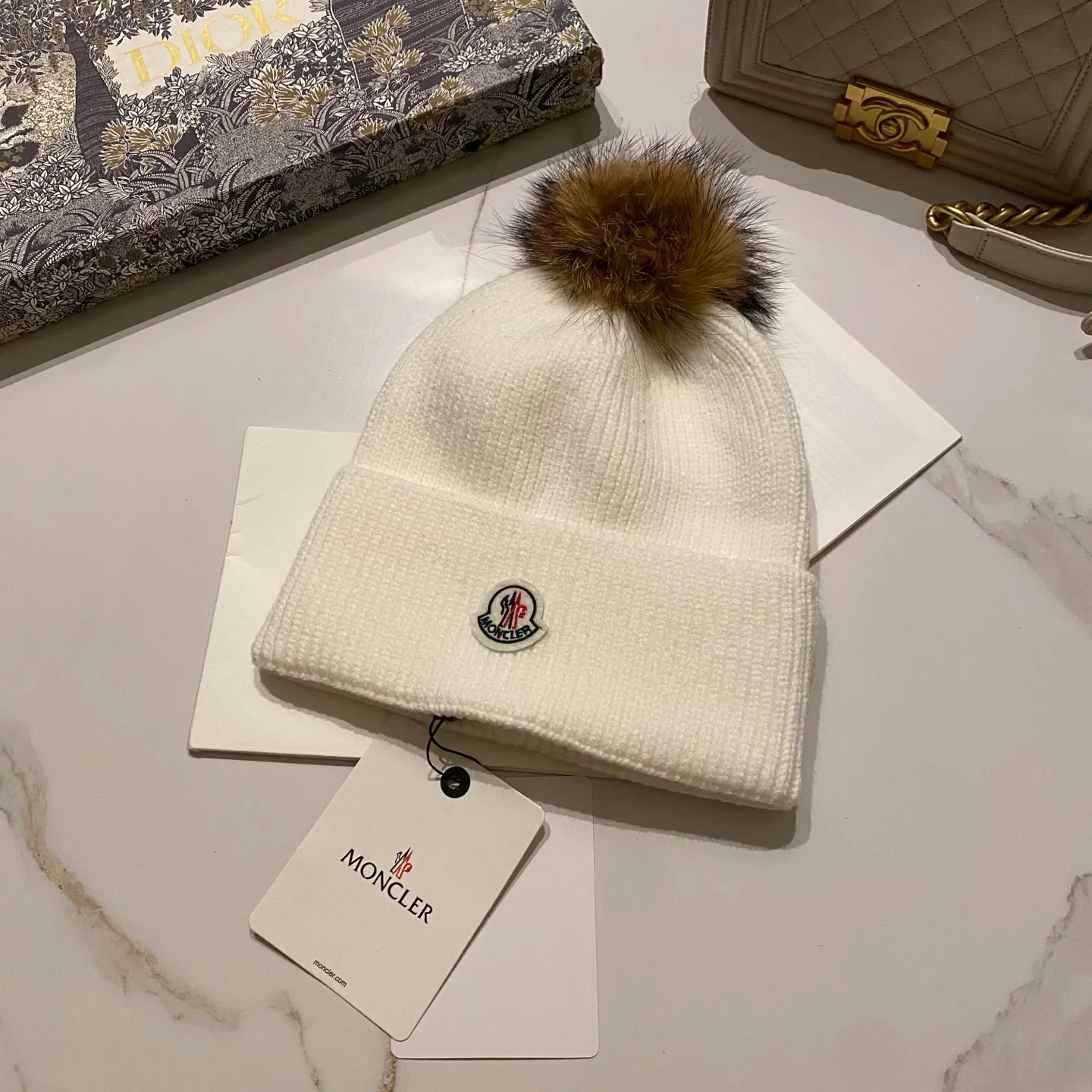 Moncler covered cashmere knitted hat + black fox fur ball/raccoon fur ball