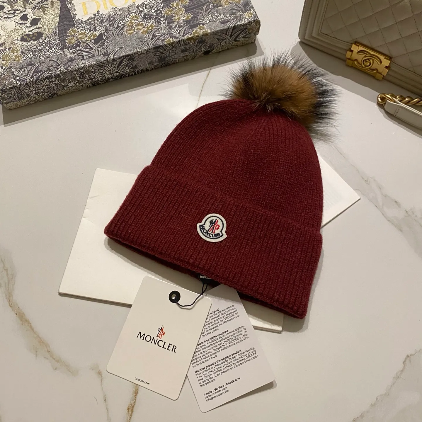 Moncler covered cashmere knitted hat + black fox fur ball/raccoon fur ball