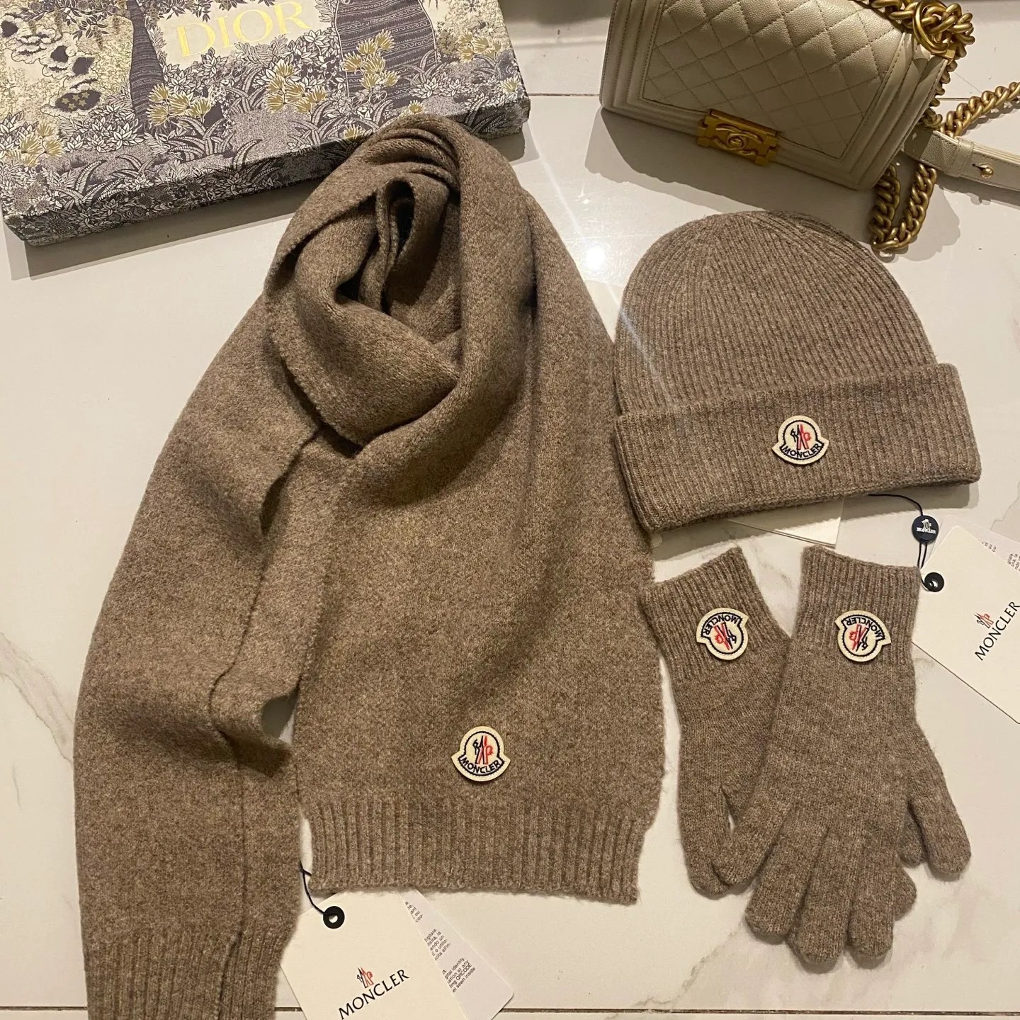 Moncler muzzle suit cashmere knitted hat + scarf + gloves