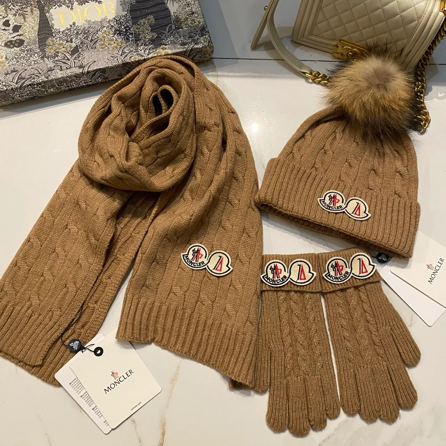 Moncler muzzle three-piece set cashmere knitted hat + scarf + gloves