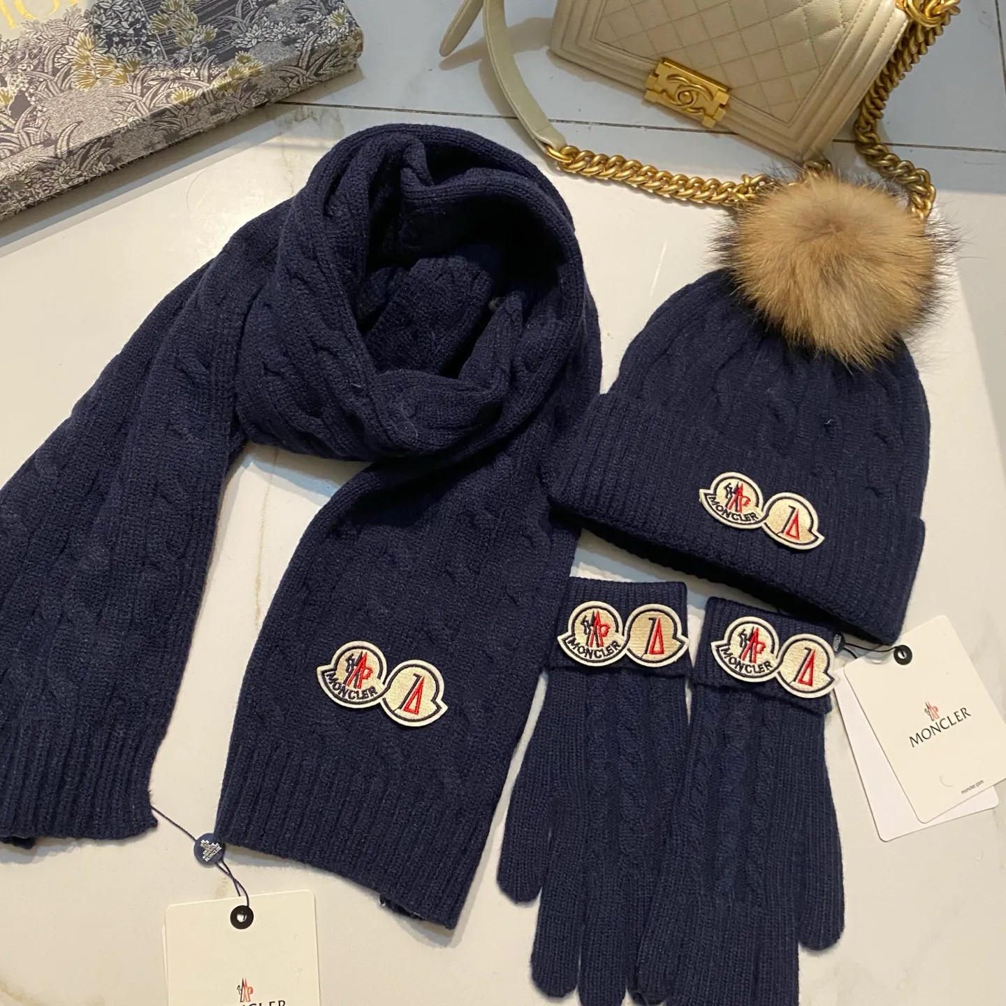 Moncler muzzle three-piece set cashmere knitted hat + scarf + gloves