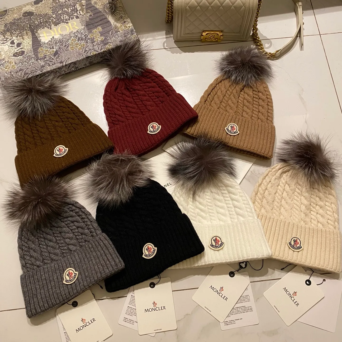 Moncler Mouth Covered Cashmere Twist Knitted Hat + Black Fox Fur Ball