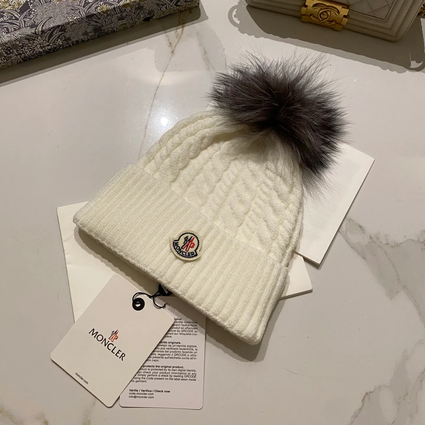 Moncler Mouth Covered Cashmere Twist Knitted Hat + Black Fox Fur Ball