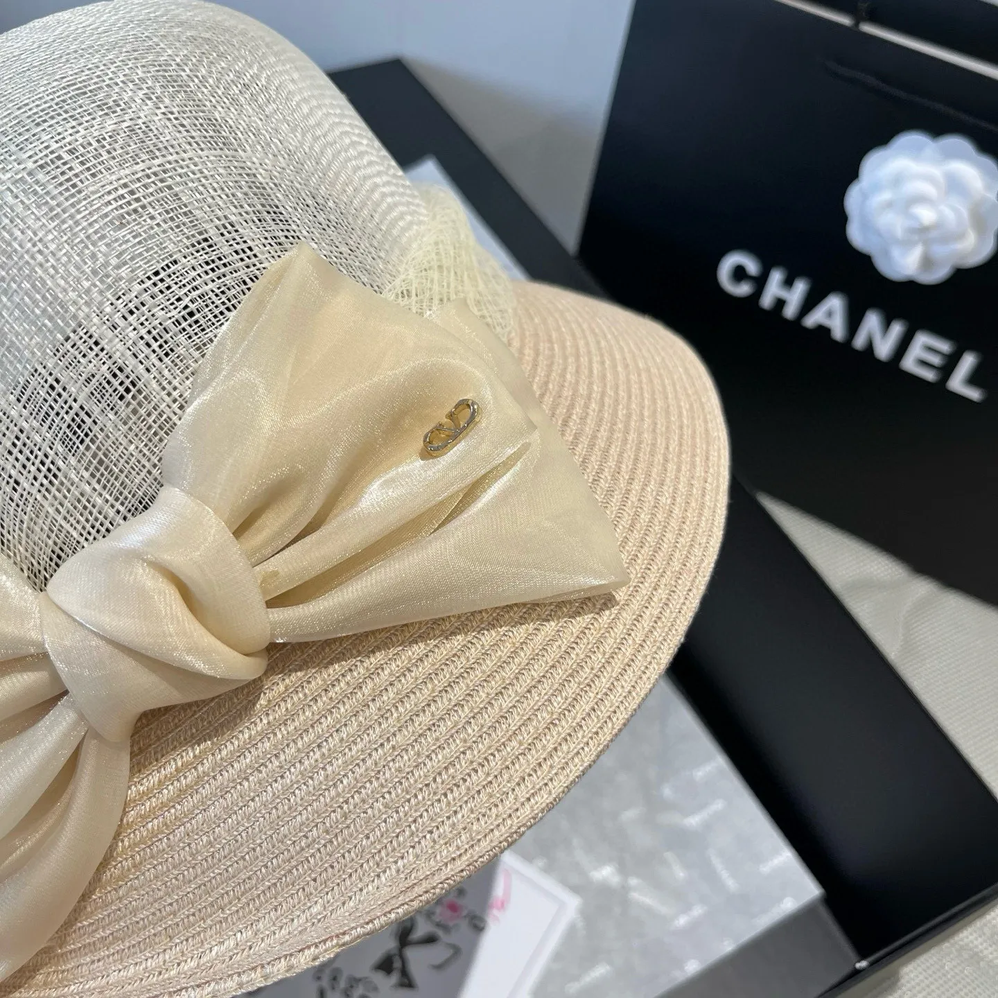 💰200¥ Valentino VELNTINO linen hat, curled top hat, head circumference 57cm
