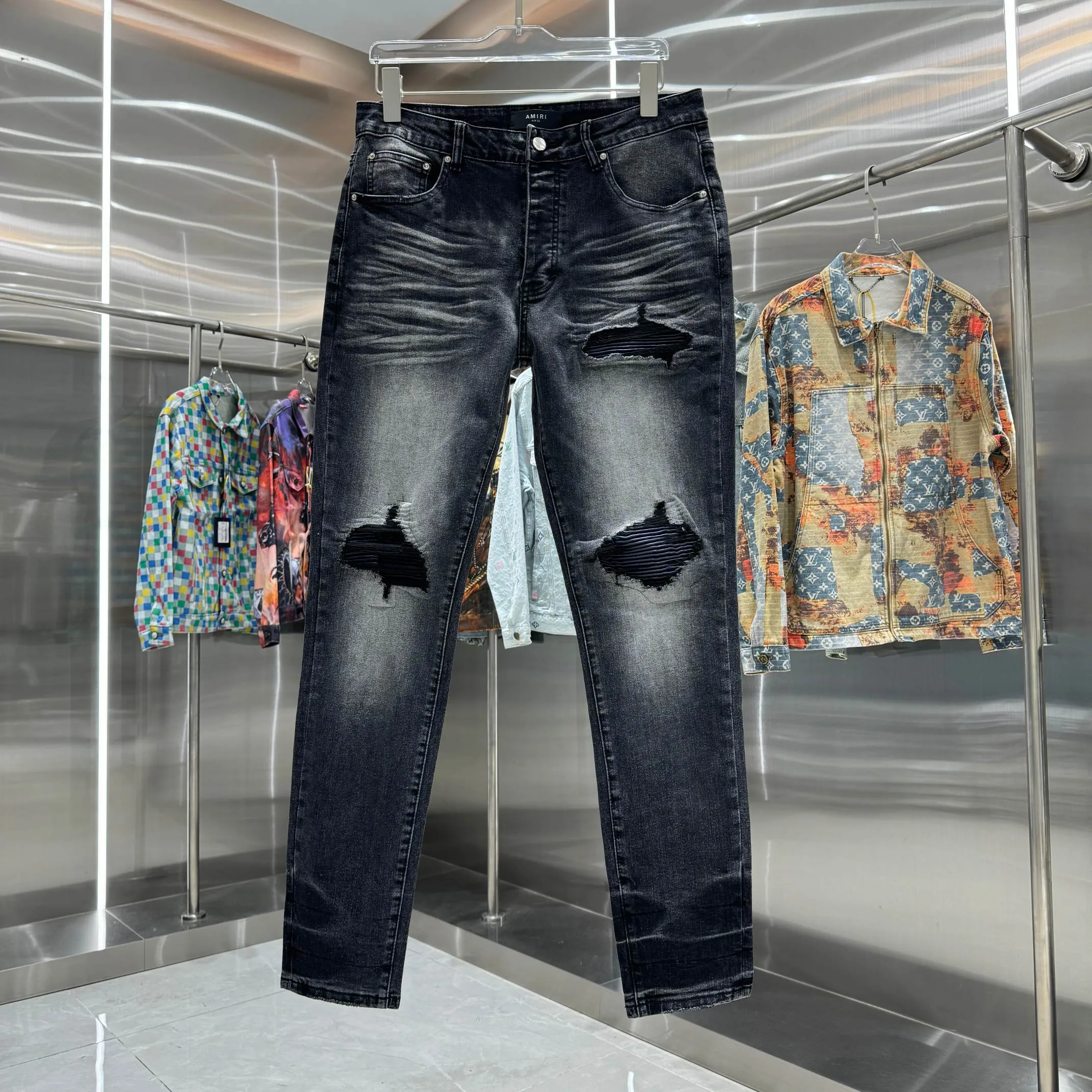 P290 Amiri ripped craft street fashion slim fit stretch jeans Color Black Size 30 32 34 36 38