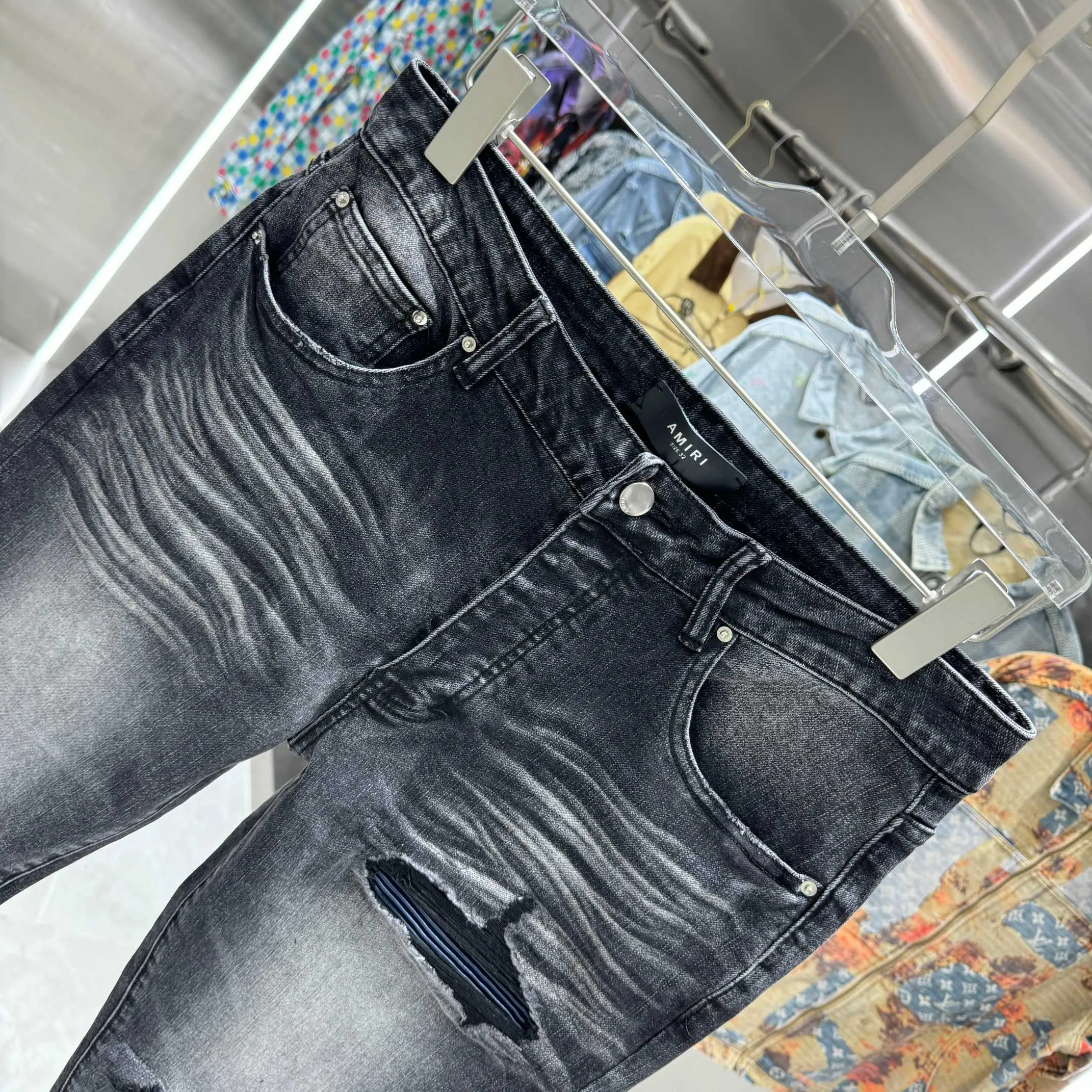 P290 Amiri ripped craft street fashion slim fit stretch jeans Color Black Size 30 32 34 36 38