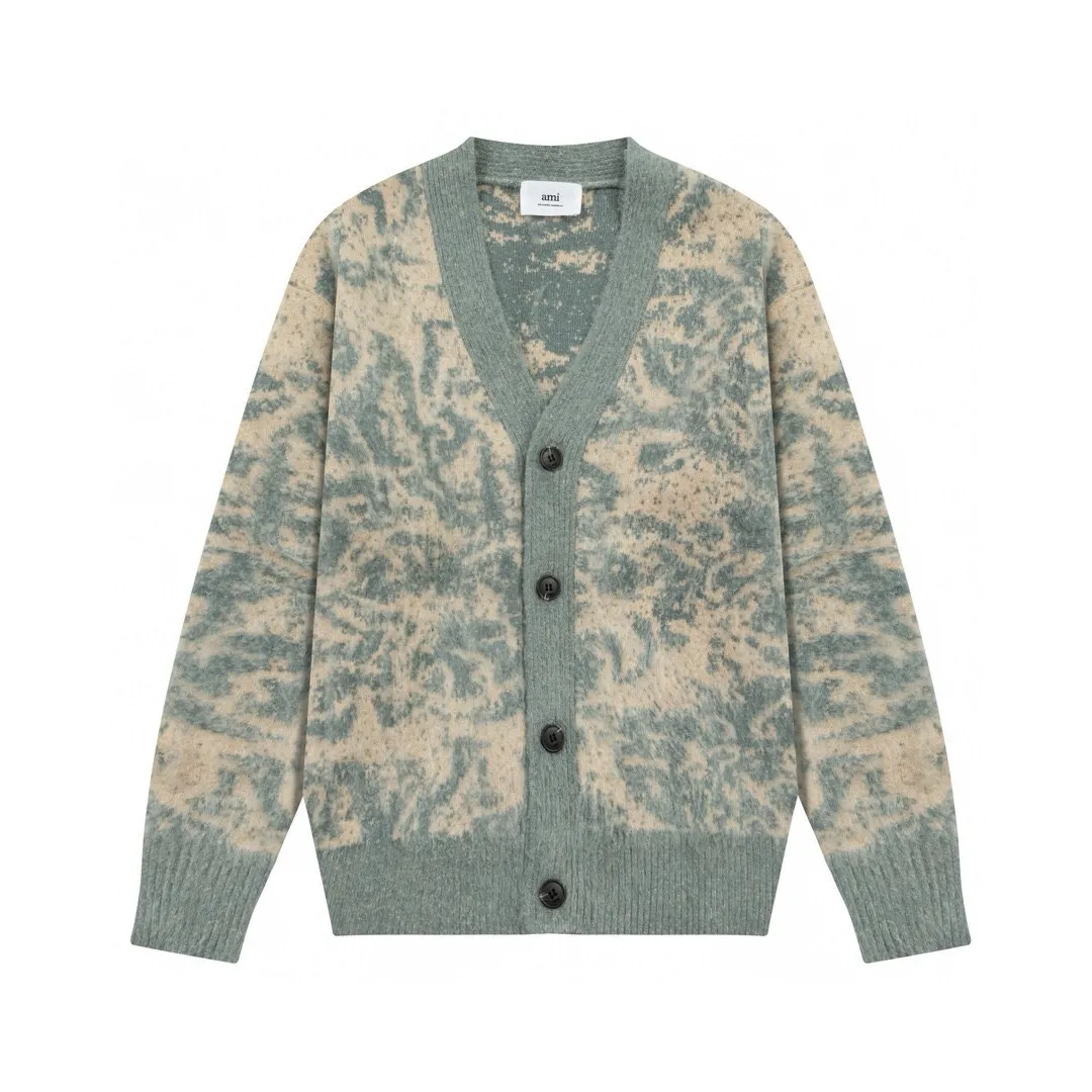 A8178# Ami Paris 2024 autumn and winter new designer floral jacquard knitted V-neck cardigan seahorse wool alpaca sweater for men and women, color: blue and white porcelain color, size S-XL