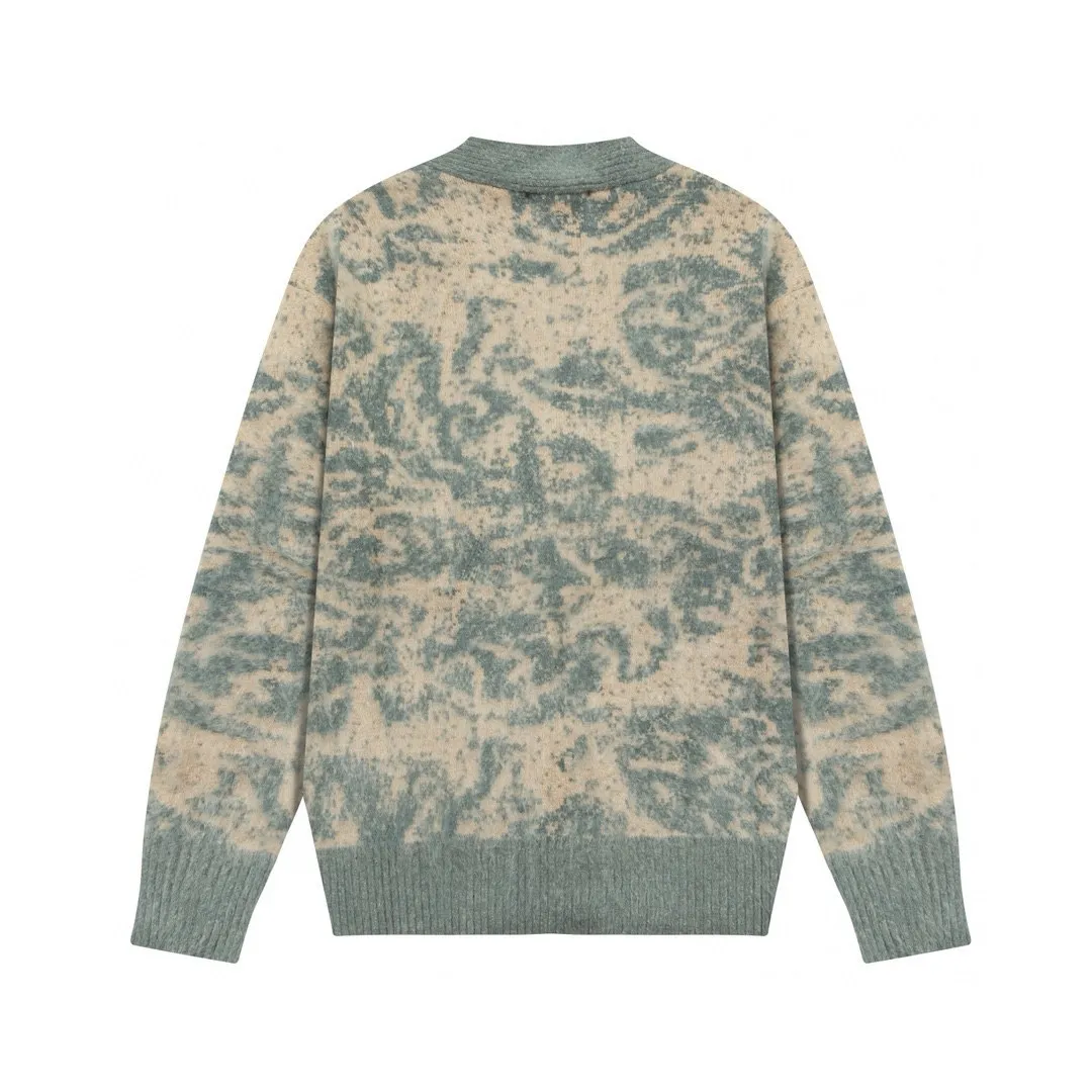 A8178# Ami Paris 2024 autumn and winter new designer floral jacquard knitted V-neck cardigan seahorse wool alpaca sweater for men and women, color: blue and white porcelain color, size S-XL
