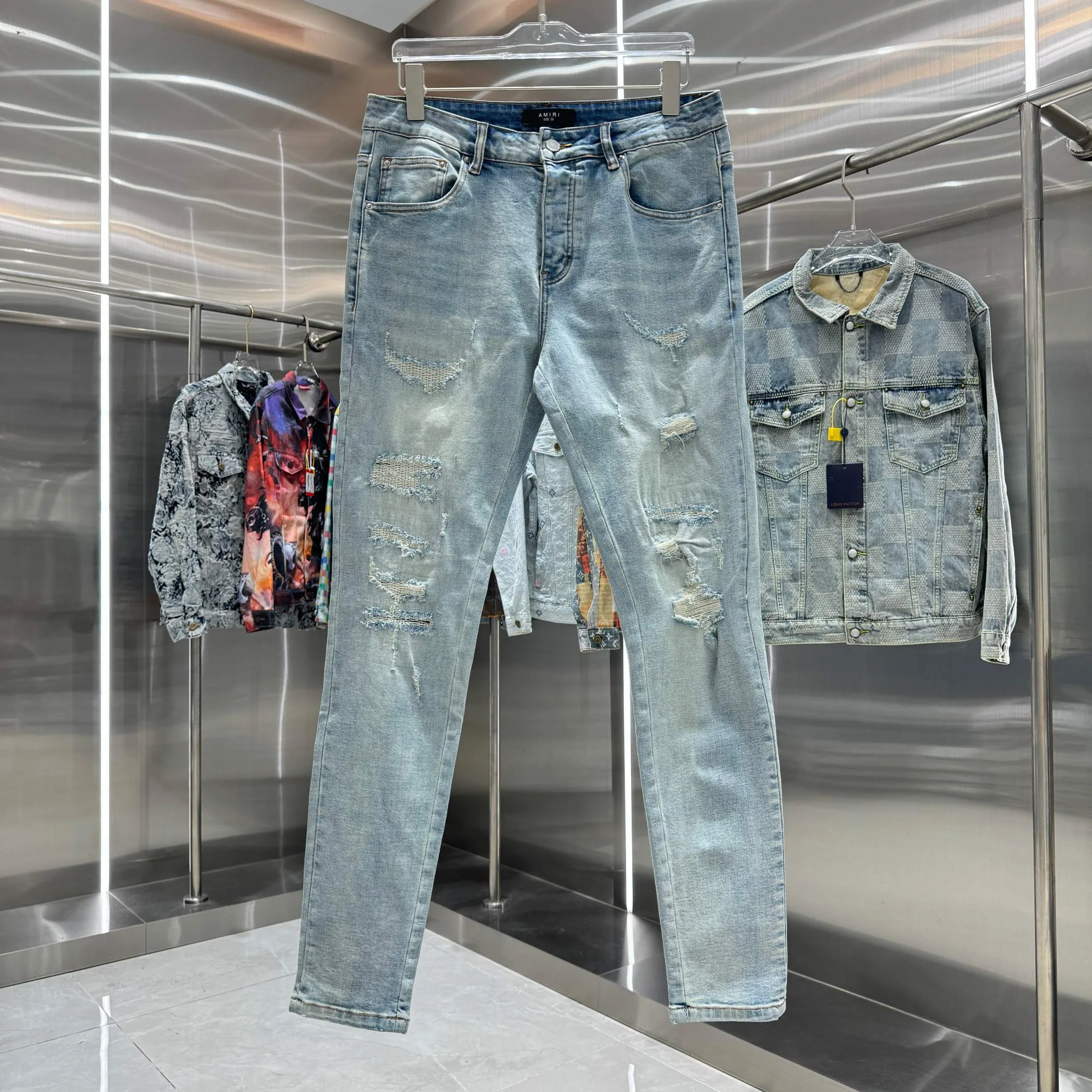 P290 Amiri ripped street fashion slim fit stretch jeans color blue size 30 32 34 36 38