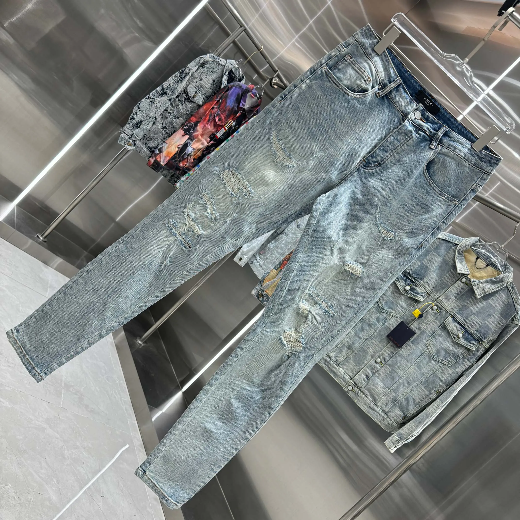 P290 Amiri ripped street fashion slim fit stretch jeans color blue size 30 32 34 36 38