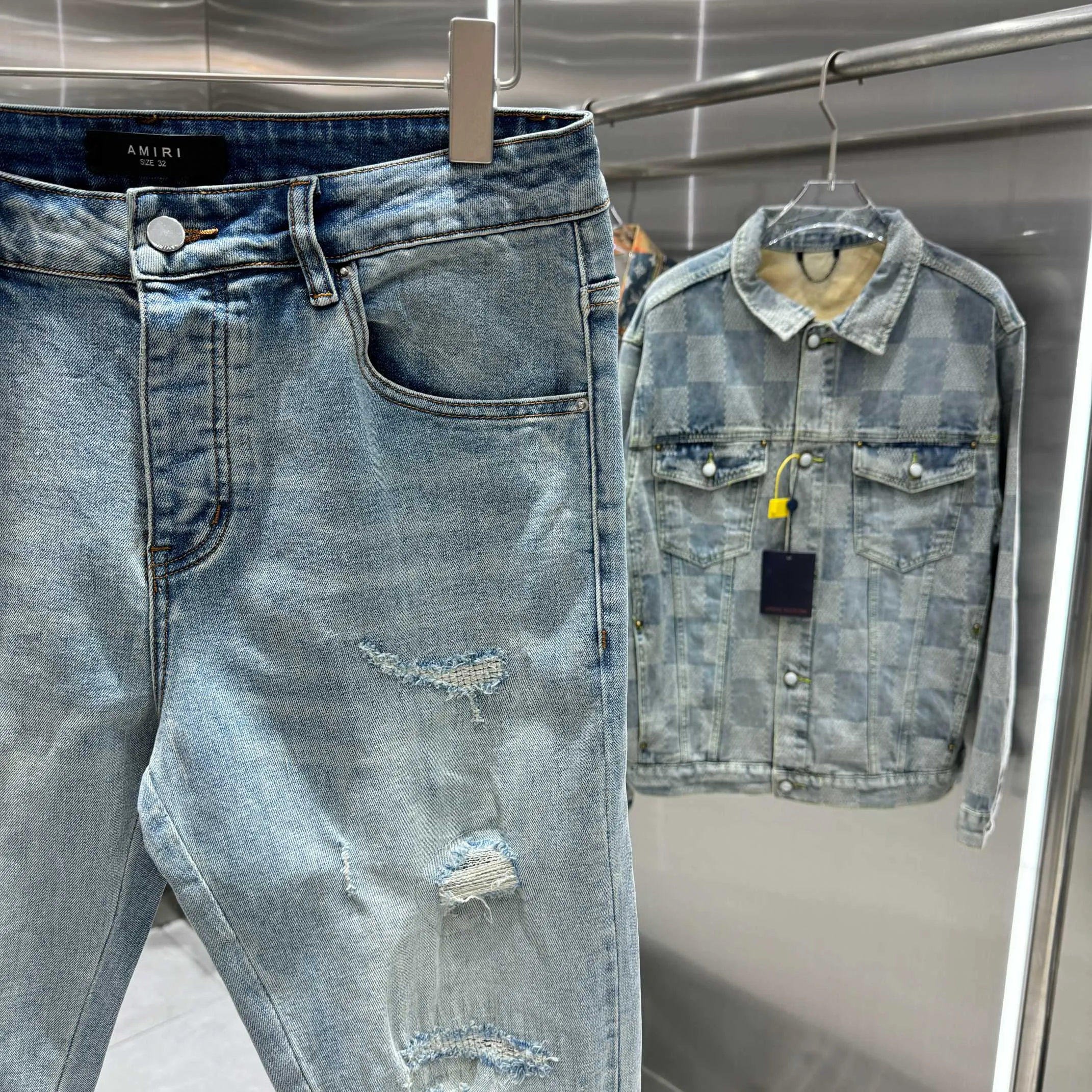 P290 Amiri ripped street fashion slim fit stretch jeans color blue size 30 32 34 36 38