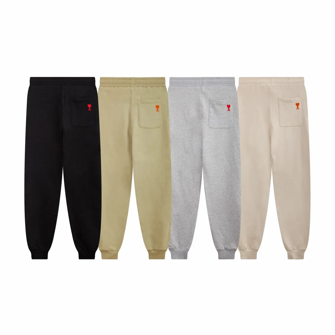512# AMI Paris 24 spring and summer new small love casual trousers, embroidered back pockets, 380g pure cotton terry fabric, loose fit, elastic waist sweatpants, same style for men and women, color: black, gray, green, oatmeal, size: S-XL