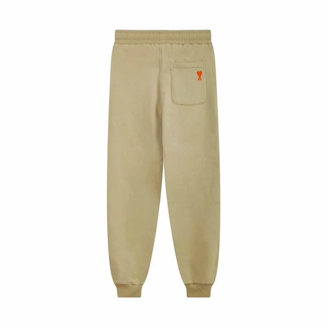 512# AMI Paris 24 spring and summer new small love casual trousers, embroidered back pockets, 380g pure cotton terry fabric, loose fit, elastic waist sweatpants, same style for men and women, color: black, gray, green, oatmeal, size: S-XL
