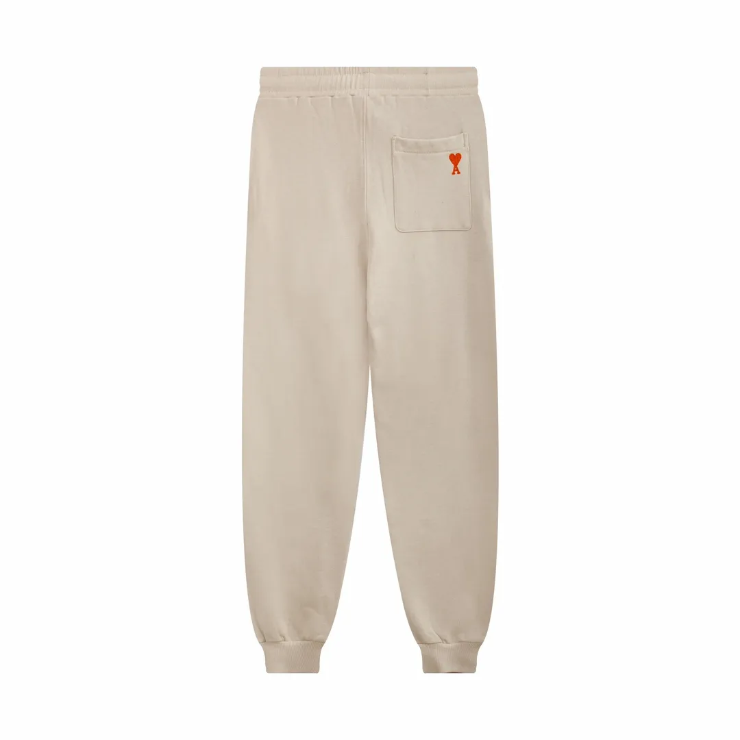 512# AMI Paris 24 spring and summer new small love casual trousers, embroidered back pockets, 380g pure cotton terry fabric, loose fit, elastic waist sweatpants, same style for men and women, color: black, gray, green, oatmeal, size: S-XL