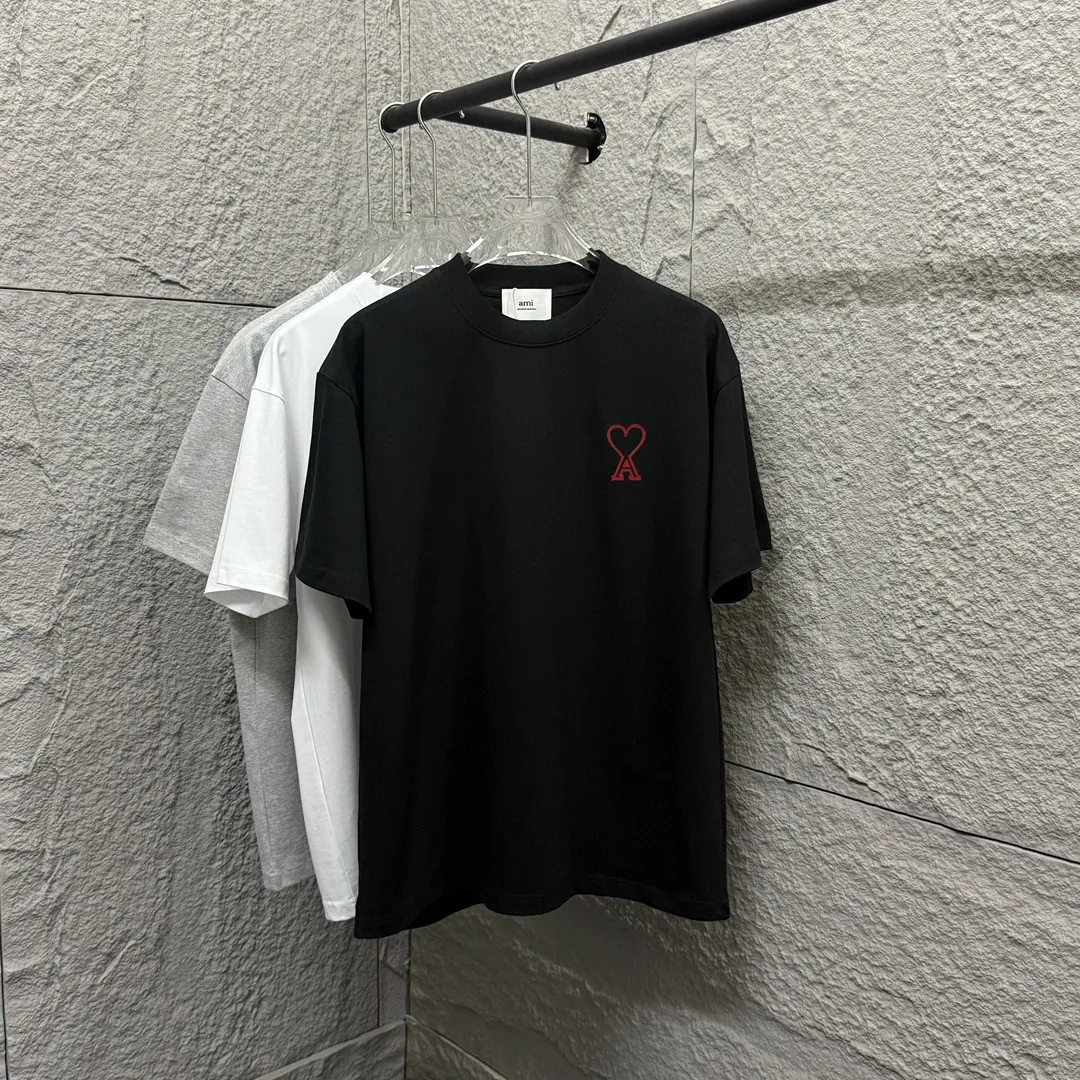 🅿️180 Ami* love embroidery 2025 spring and summer new style Hollow love A embroidered with personalized letters Customized double yarn plain cotton fabric Short-sleeved T-shirt Same style for men and women Color: white floral gray black Size: S (90-130 pounds) M (120-150 pounds) L (140-165 pounds) XL (160-180 pounds) XXL (180-210 pounds)