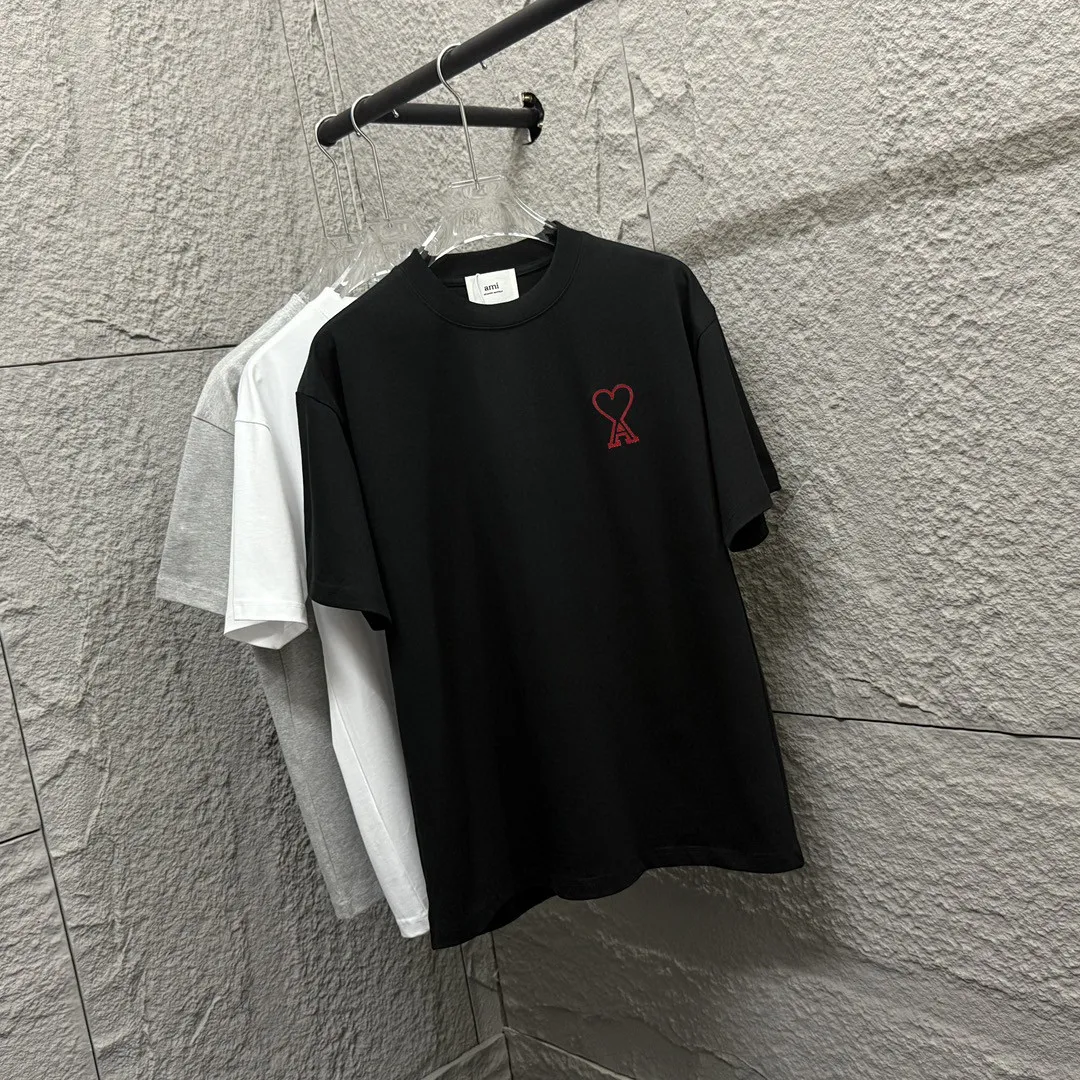 🅿️180 Ami* love embroidery 2025 spring and summer new style Hollow love A embroidered with personalized letters Customized double yarn plain cotton fabric Short-sleeved T-shirt Same style for men and women Color: white floral gray black Size: S (90-130 pounds) M (120-150 pounds) L (140-165 pounds) XL (160-180 pounds) XXL (180-210 pounds)