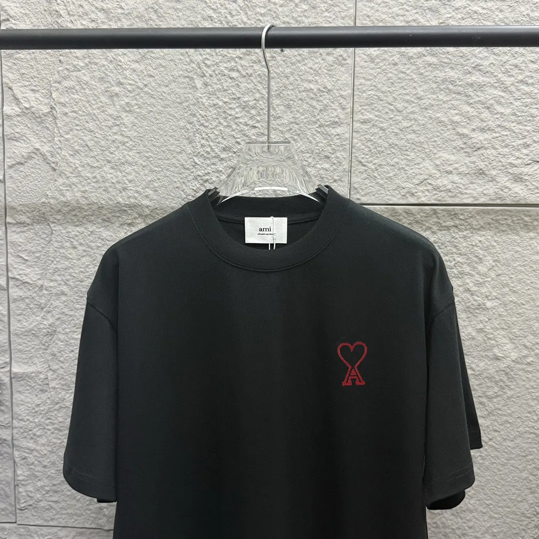 🅿️180 Ami* love embroidery 2025 spring and summer new style Hollow love A embroidered with personalized letters Customized double yarn plain cotton fabric Short-sleeved T-shirt Same style for men and women Color: white floral gray black Size: S (90-130 pounds) M (120-150 pounds) L (140-165 pounds) XL (160-180 pounds) XXL (180-210 pounds)