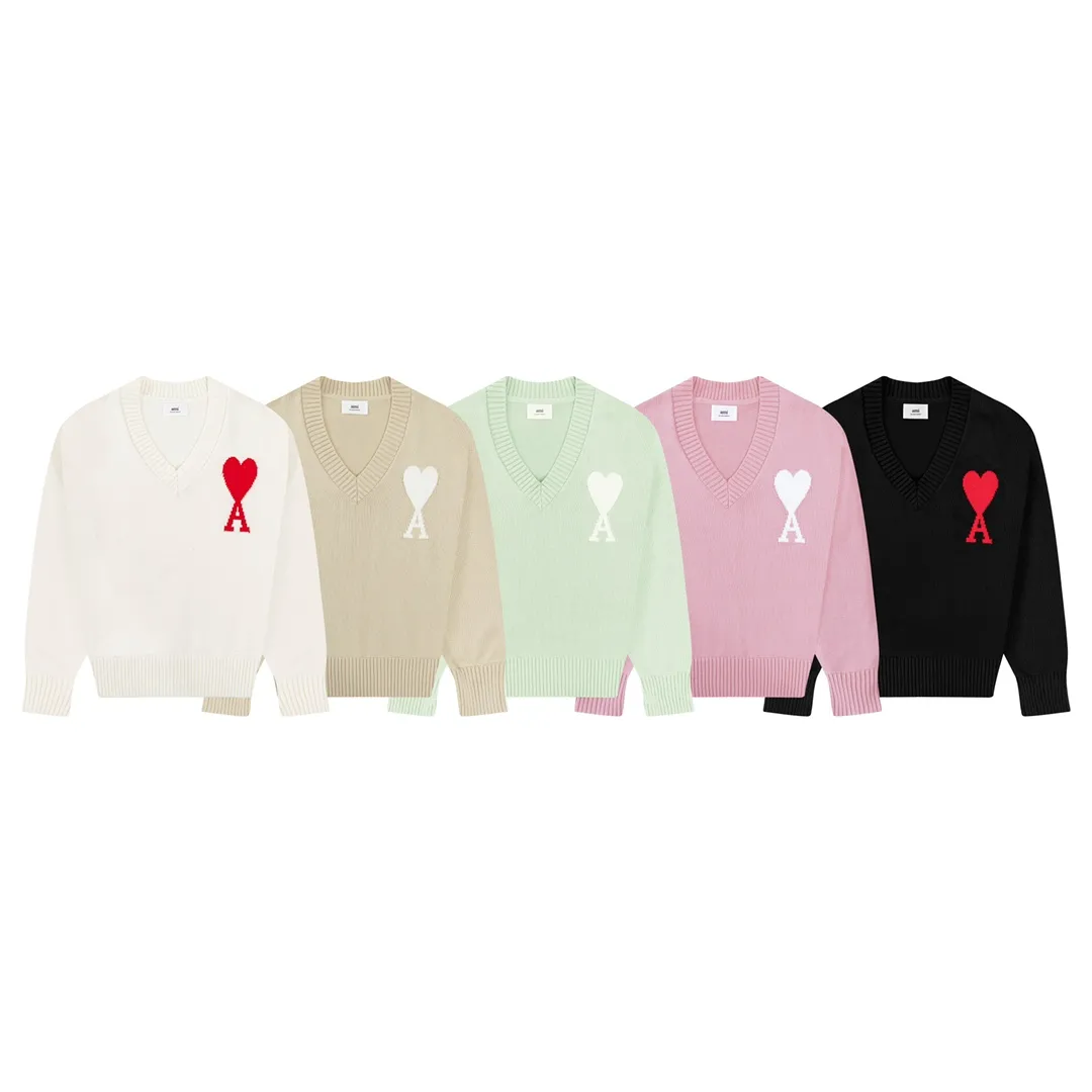 CYA38# 2022 spring and summer new Ami de Coeur macaron love jacquard v-neck sweater, same style for men and women. Color: black, white, light pink, light green, apricot. Size: S-XL