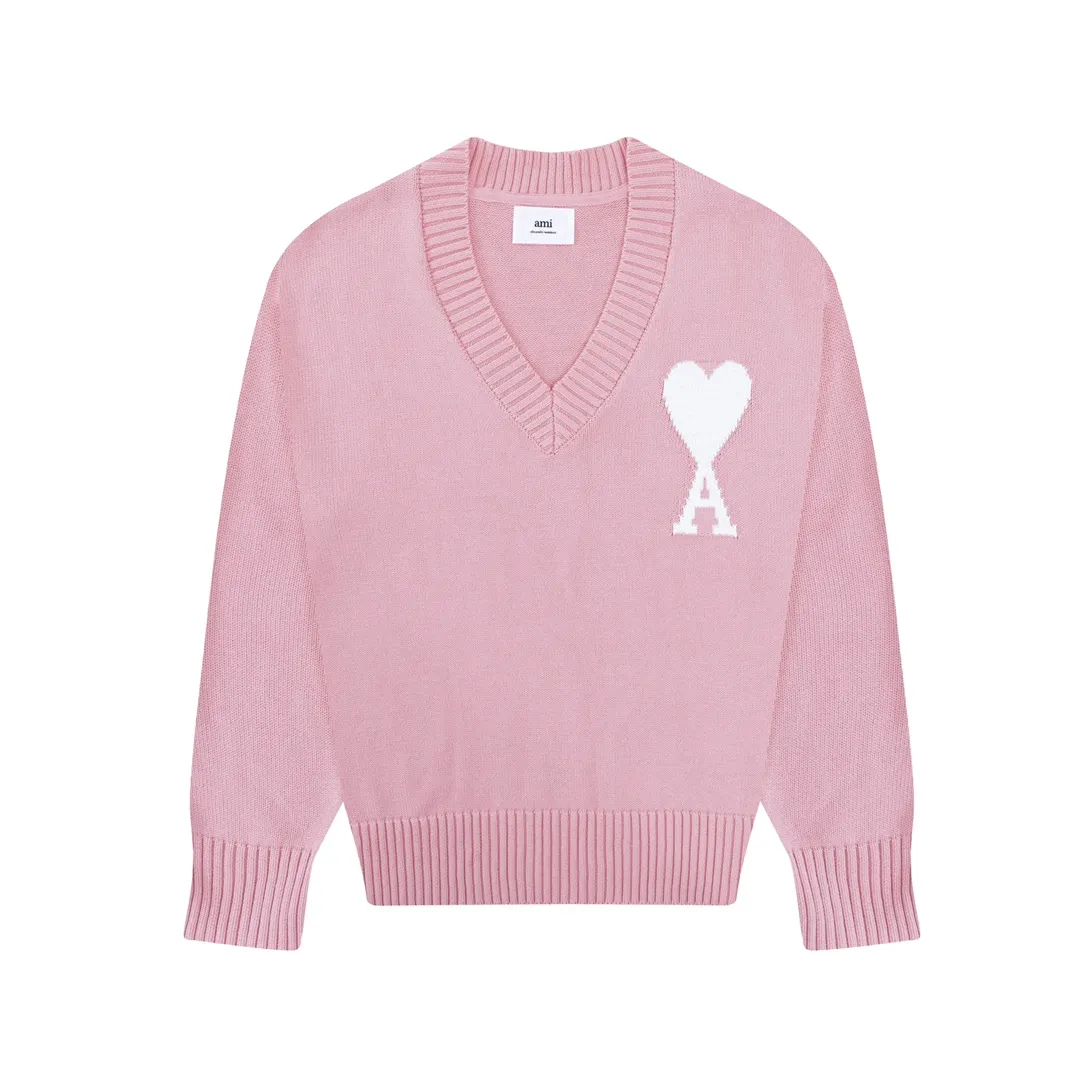 CYA38# 2022 spring and summer new Ami de Coeur macaron love jacquard v-neck sweater, same style for men and women. Color: black, white, light pink, light green, apricot. Size: S-XL